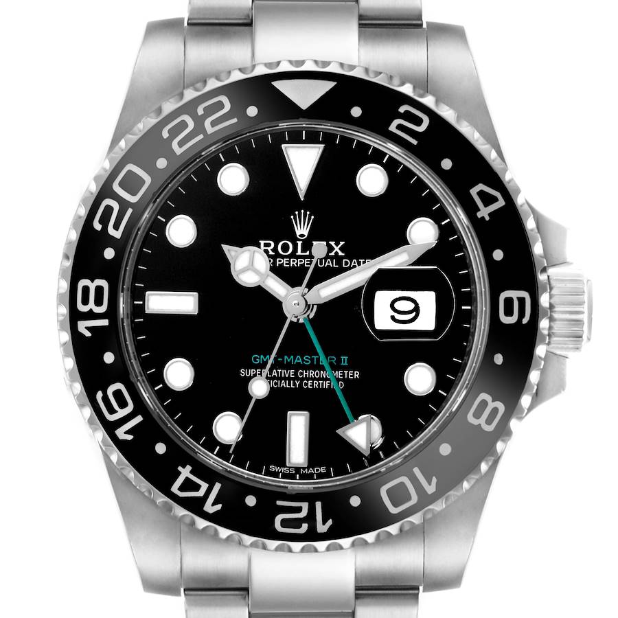 The image shows a front view of the Rolex GMT-Master II, highlighting its dial, bezel, and part of the bracelet.