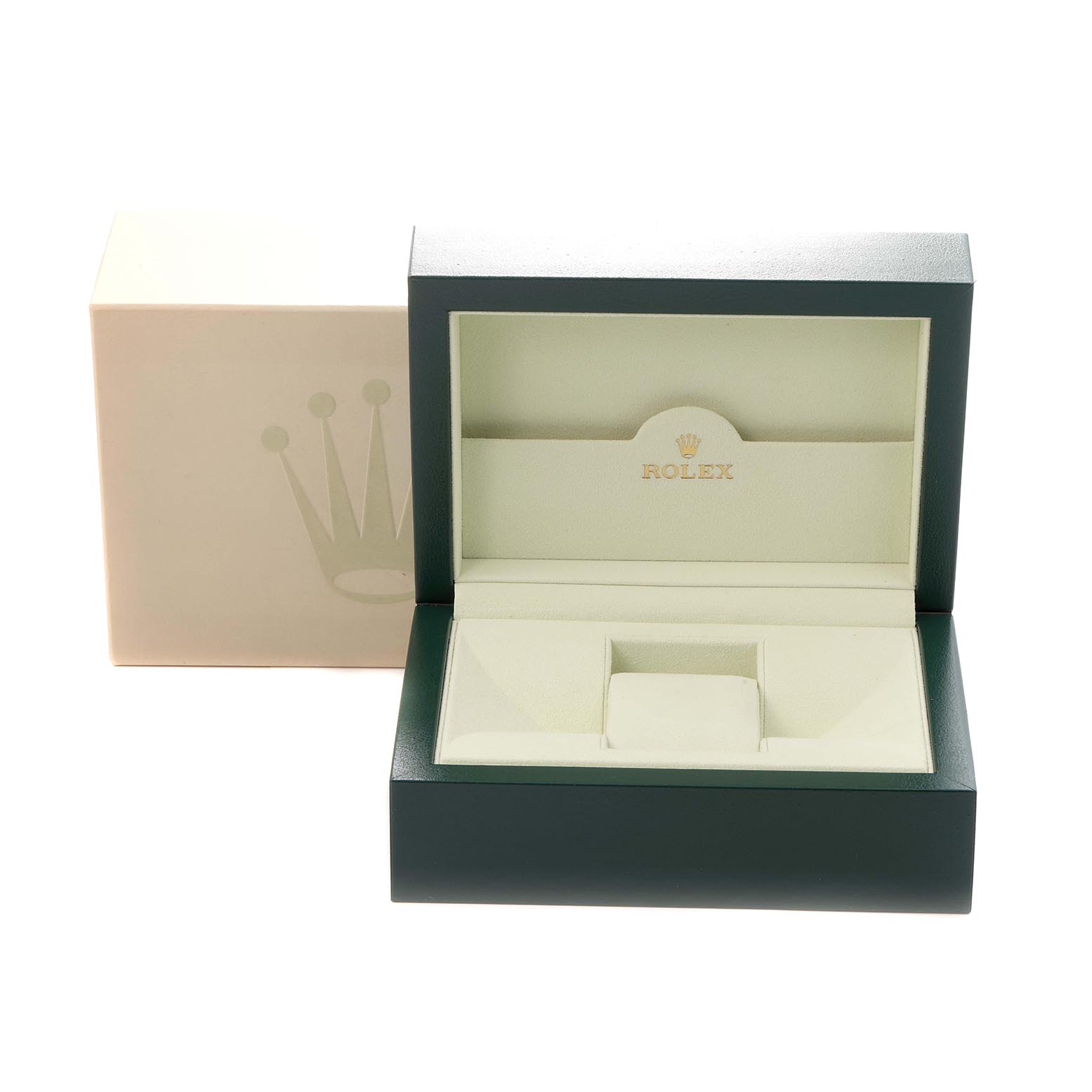 The image shows an empty Rolex GMT-Master 116710 Men
s Stainless Steel Black Dial 116710 Men
s Stainless Steel Black Dial watch box with its lid open, displaying the interior cushioning.