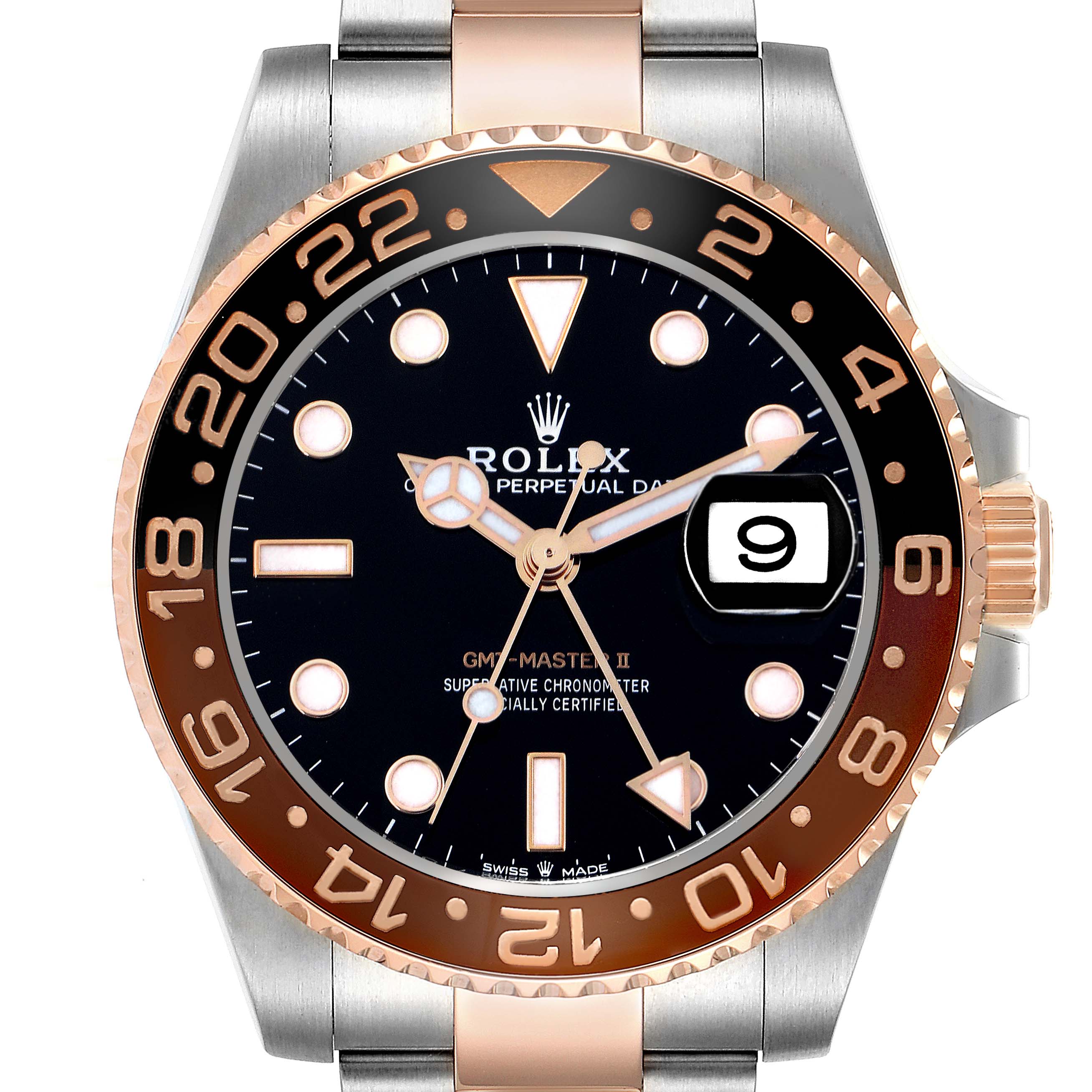 The image shows a front view of a Rolex GMT-Master 126711 Men
s Steel and Gold (two tone) Black Dial 126711 Men
s Steel and Gold (two tone) Black Dial II, highlighting the dial, bezel, and bracelet.