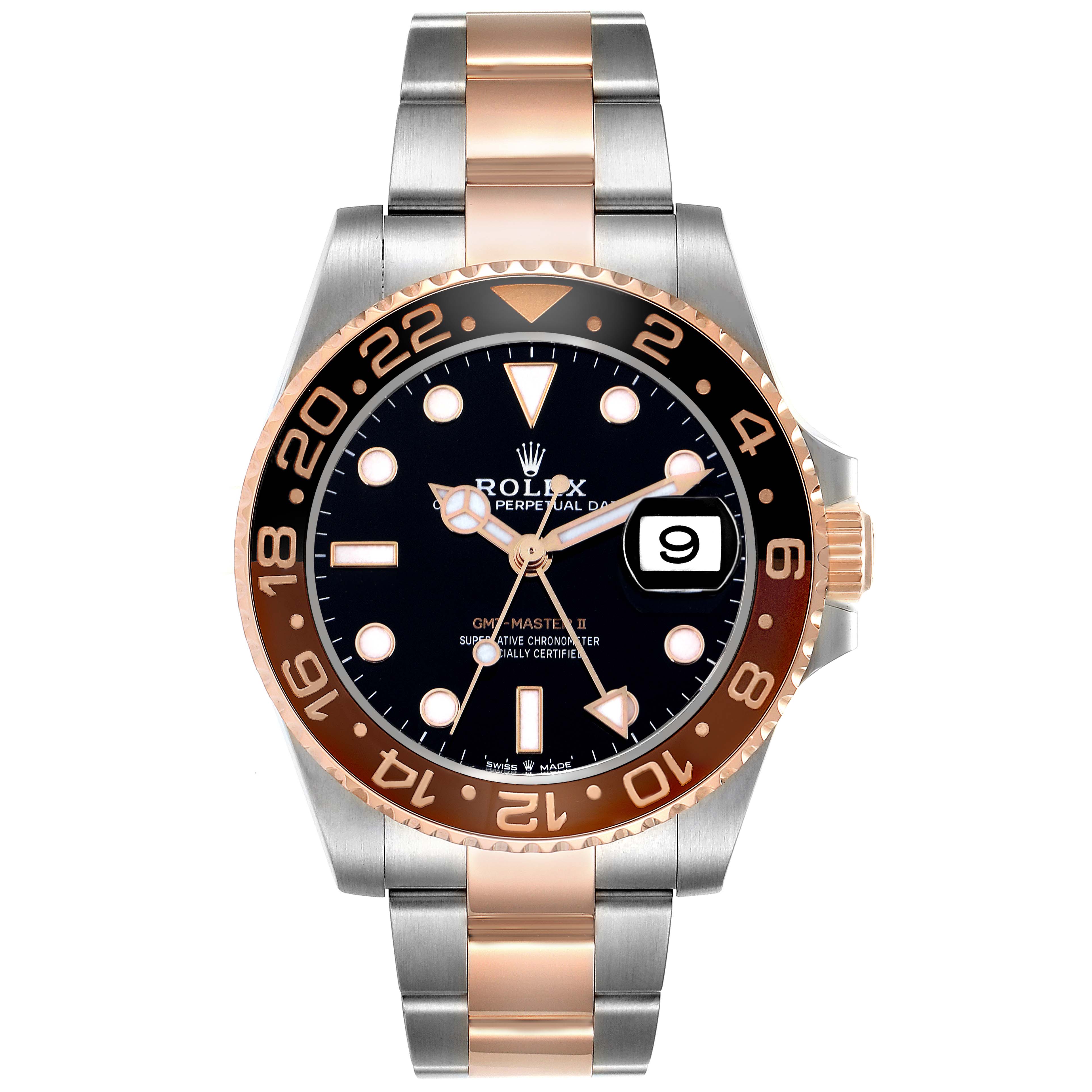 The Rolex GMT-Master 126711 Men
s Steel and Gold (two tone) Black Dial 126711 Men
s Steel and Gold (two tone) Black Dial watch is shown from a front angle, displaying the face, bezel, and bracelet.