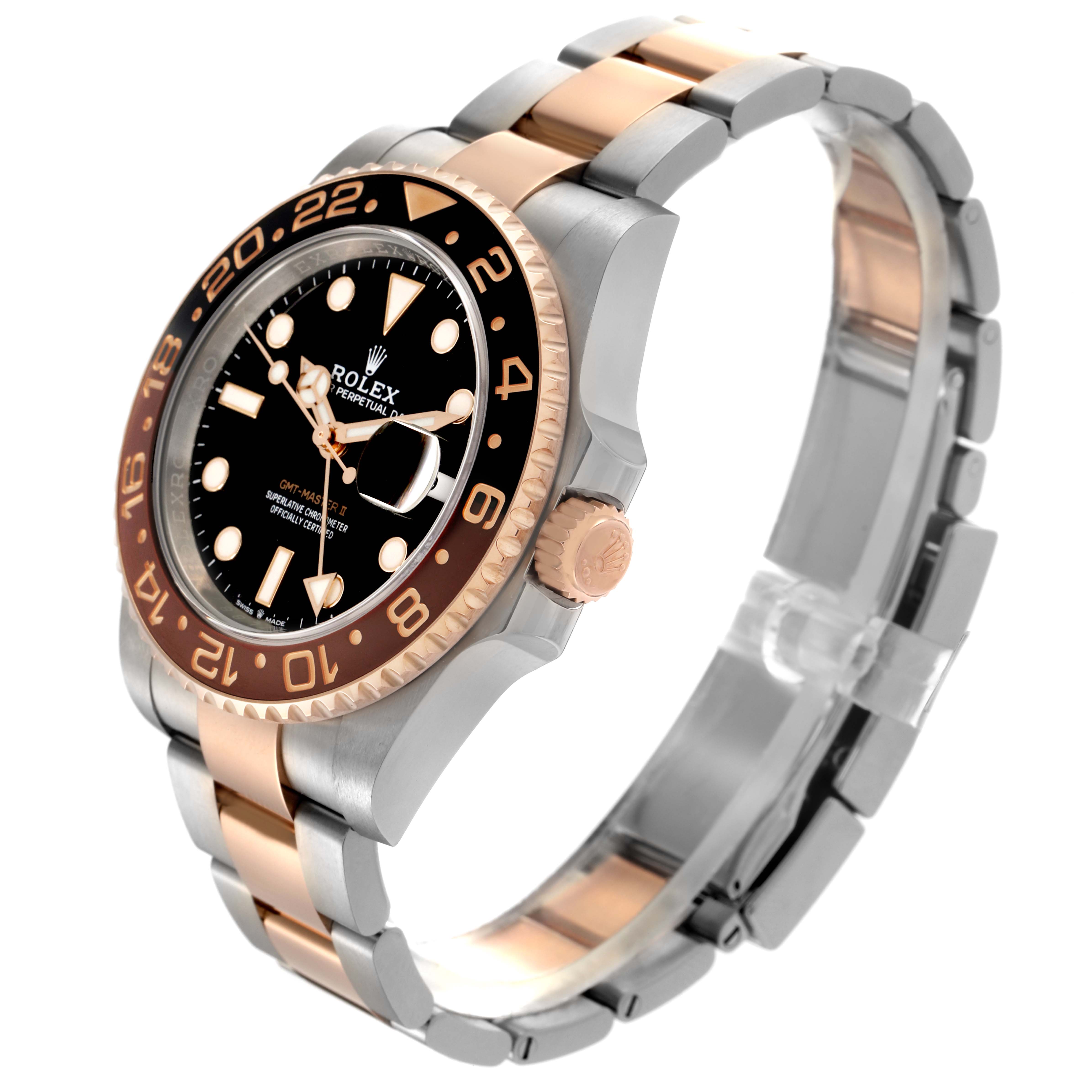 The Rolex GMT-Master 126711 Men
s Steel and Gold (two tone) Black Dial 126711 Men
s Steel and Gold (two tone) Black Dial watch is shown at an angle highlighting the bezel, dial, crown, and two-tone bracelet.