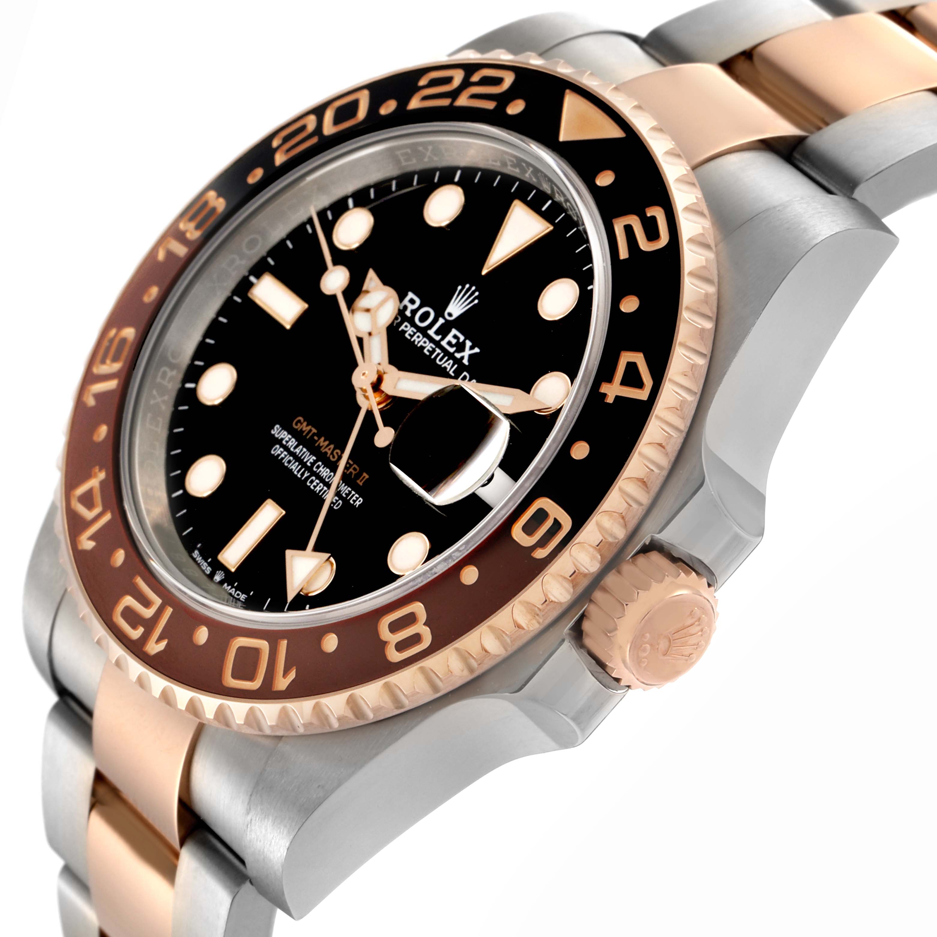 This image shows a side angle of a Rolex GMT-Master 126711 Men
s Steel and Gold (two tone) Black Dial 126711 Men
s Steel and Gold (two tone) Black Dial watch focusing on its bezel, crown, and two-tone bracelet.