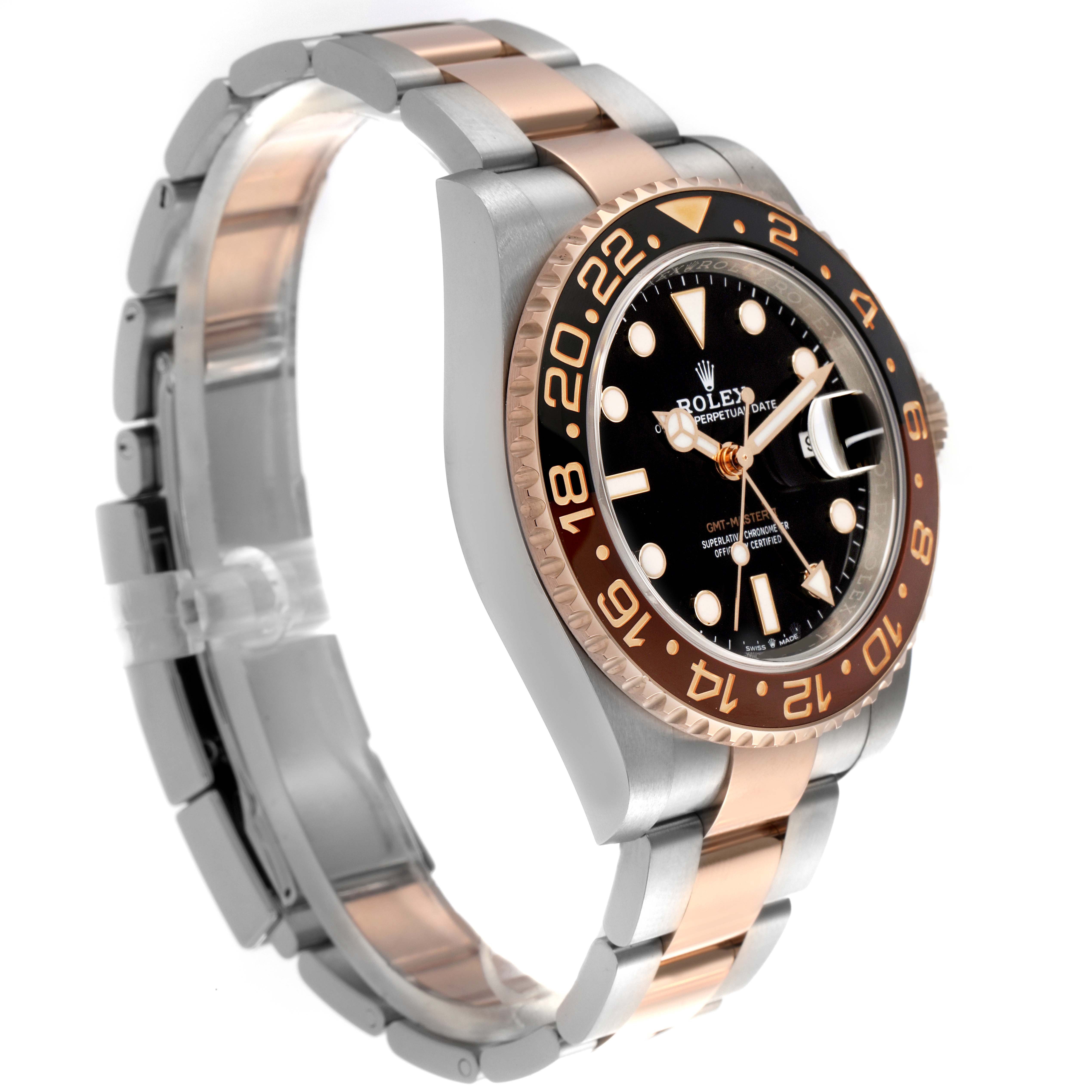 The Rolex GMT-Master 126711 Men
s Steel and Gold (two tone) Black Dial 126711 Men
s Steel and Gold (two tone) Black Dial watch is shown at a three-quarter angle, displaying the dial, bezel, and bracelet.