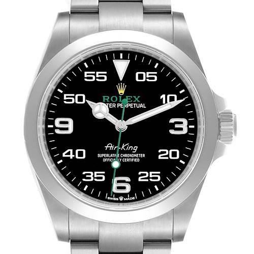 The Rolex Air-King watch is shown from a front angle, highlighting the dial, bezel, crown, and part of the bracelet.