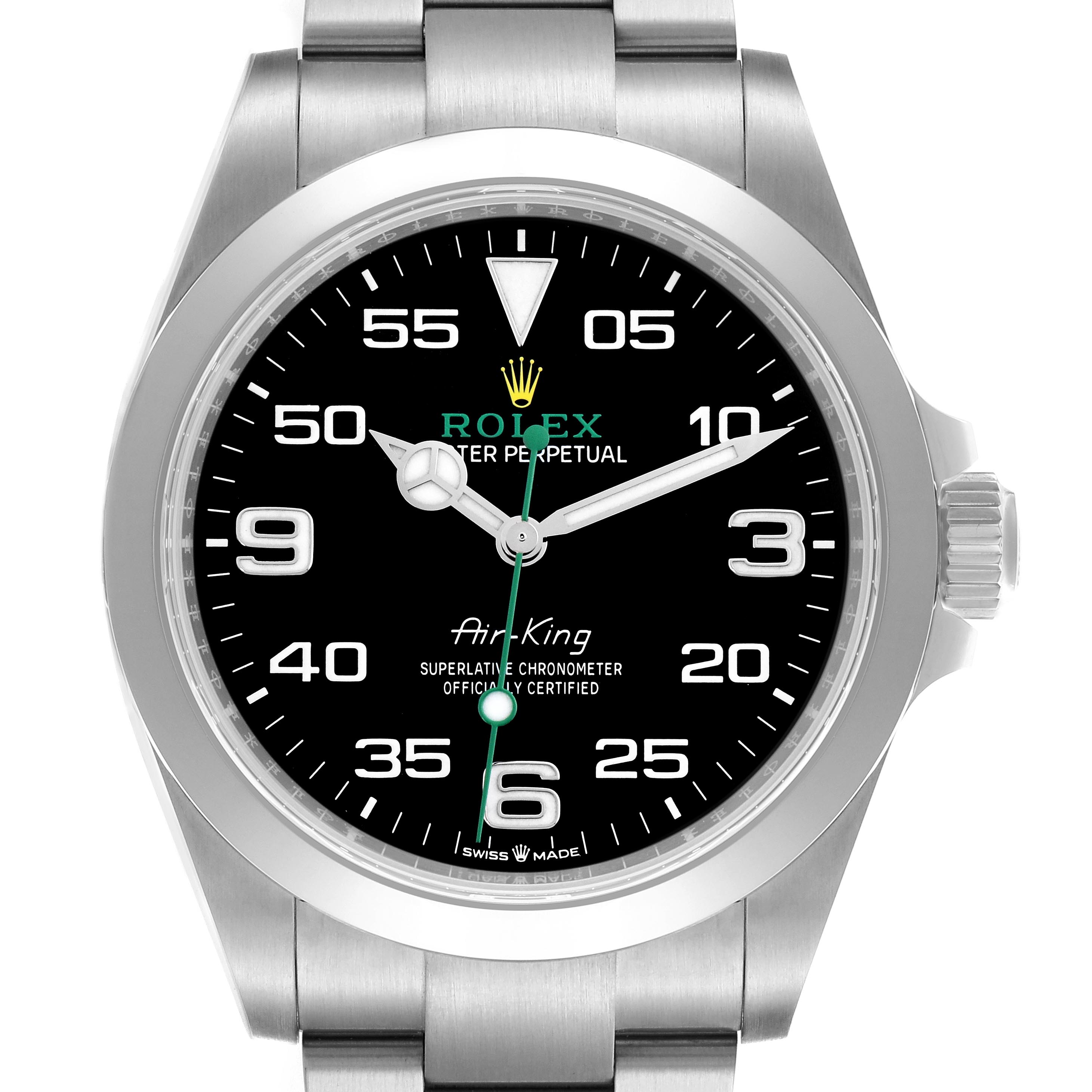 The Rolex Air-King 126900 Men
s Stainless Steel Black Dial 126900 Men
s Stainless Steel Black Dial watch is shown from a front angle, highlighting the dial, crown, and part of the bracelet.