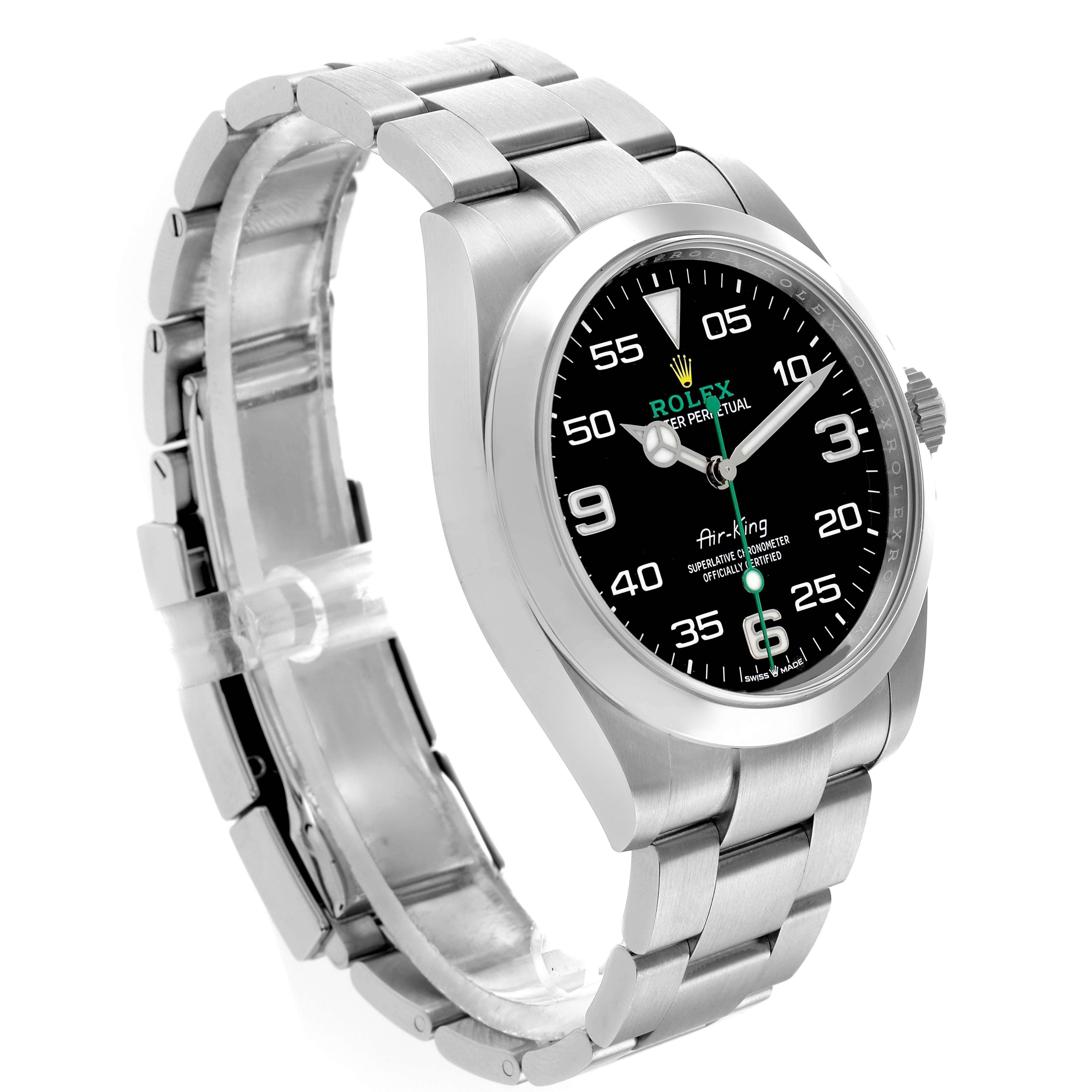 The Rolex Air-King 126900 Men's Stainless Steel Black Dial watch is shown at a three-quarter angle, displaying the face, bezel, crown, and part of the bracelet.