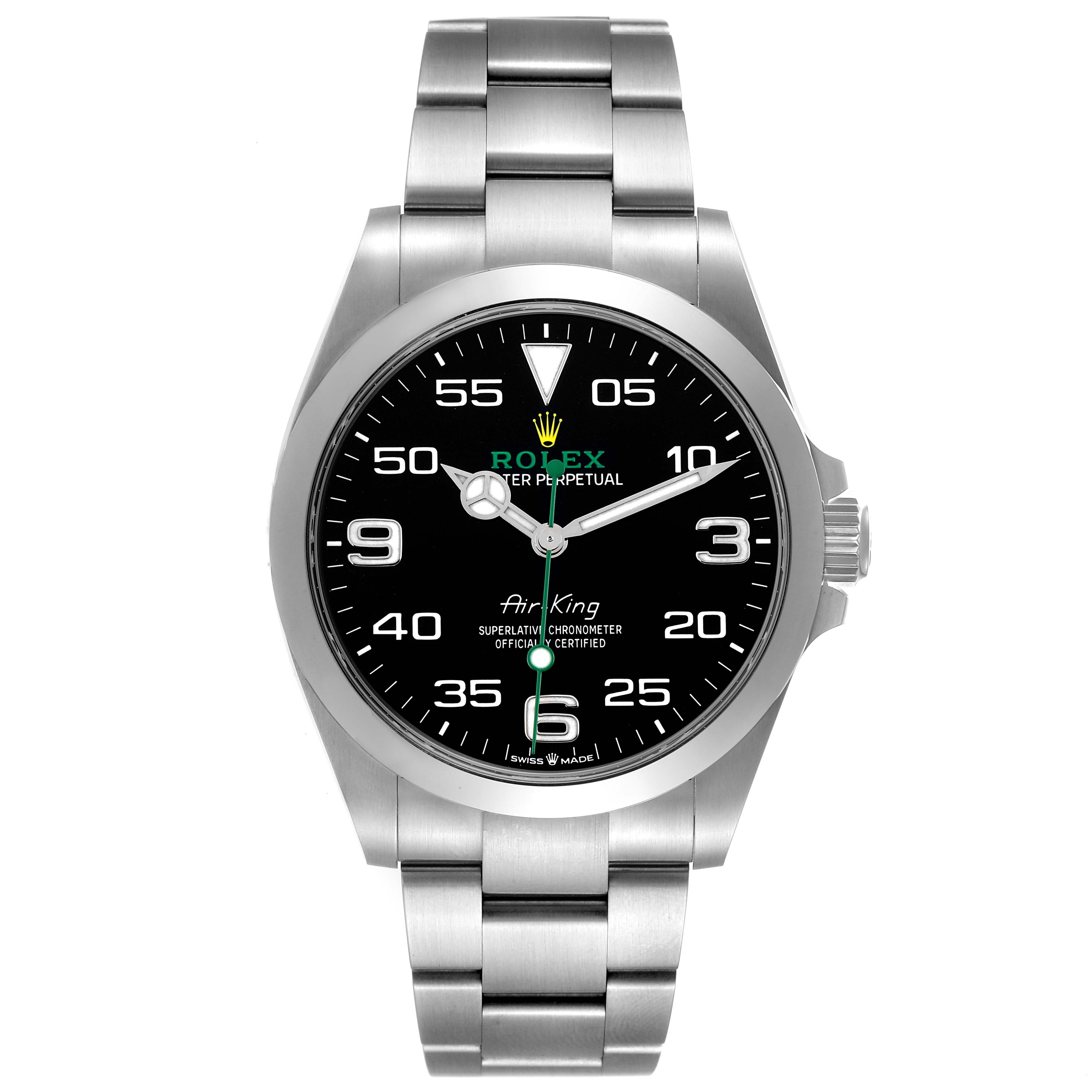 The Rolex Air-King 126900 Men's Stainless Steel Black Dial watch is shown from a top angle, displaying the dial, bezel, bracelet, and crown.