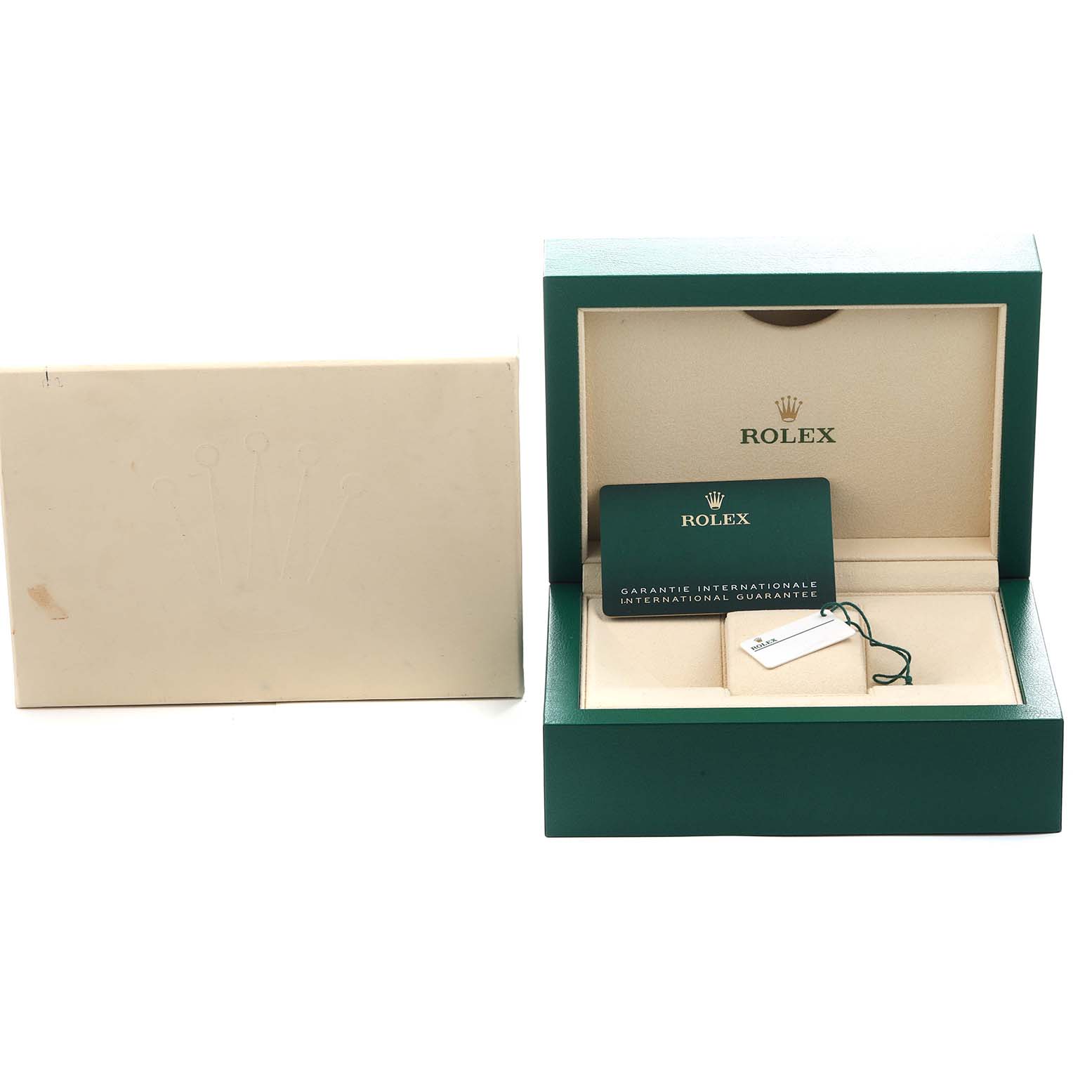 The image shows the Rolex Air-King 126900 Men's Stainless Steel Black Dial box with a warranty card and tag, viewed from the front and slightly above.