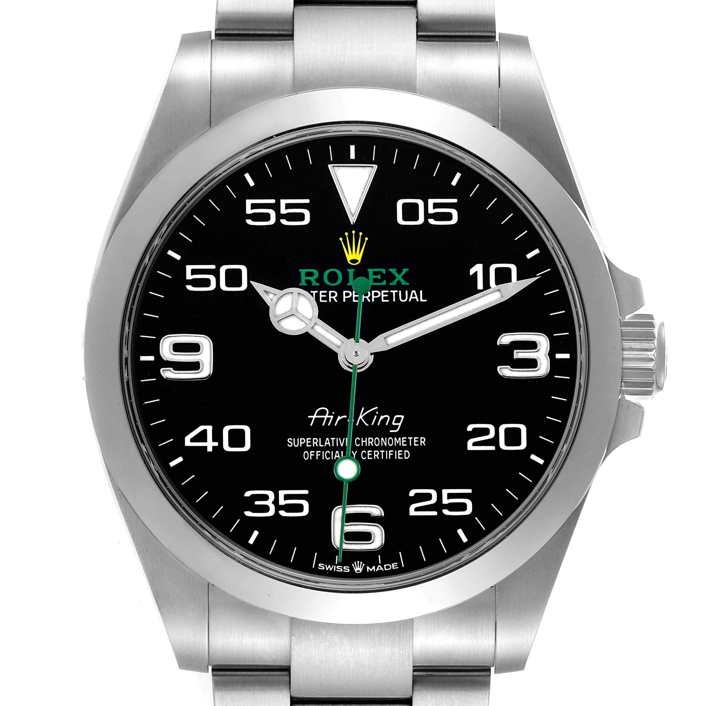 The Rolex Air-King 126900 Men's Stainless Steel Black Dial watch is shown from a front angle displaying the dial, hands, crown, and part of the bracelet.