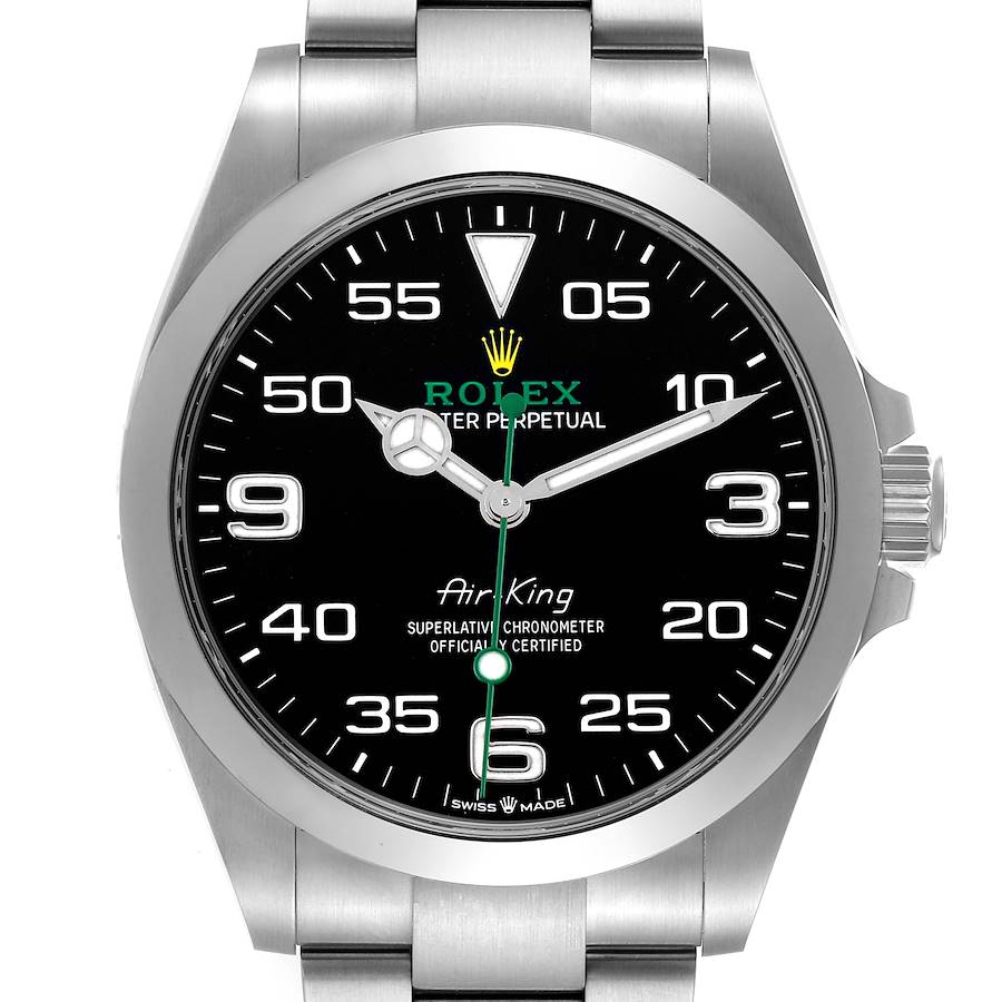The Rolex Air-King 126900 Men's Stainless Steel Black Dial watch is shown from a front angle displaying the dial, hands, crown, and part of the bracelet.