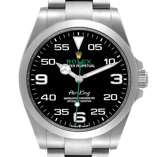 The Rolex Air-King 126900 Men's Stainless Steel Black Dial watch is shown from a front view, highlighting the dial, hands, numerals, and portion of the bracelet.