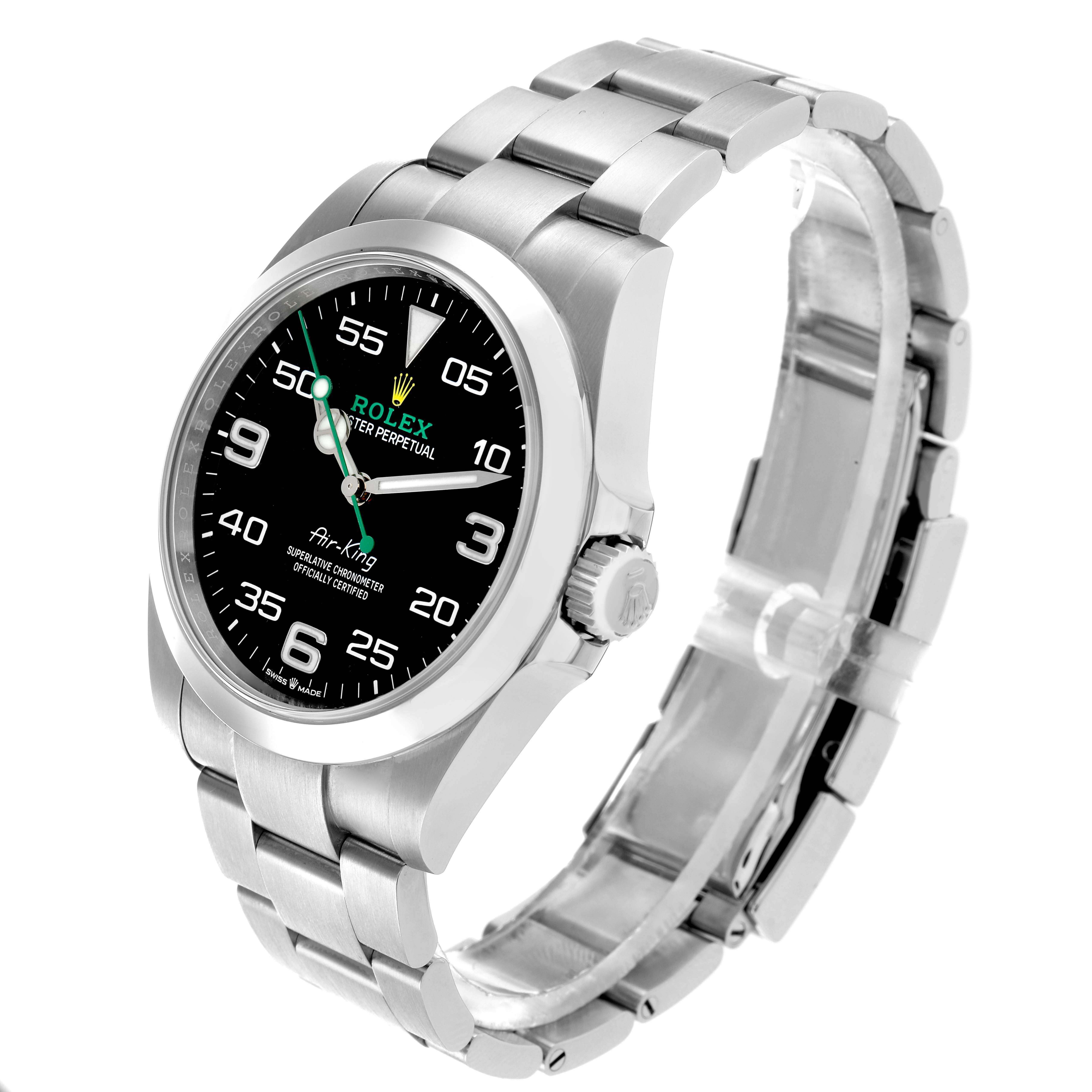 The Rolex Air-King 126900 Men's Stainless Steel Black Dial watch is shown at a slight angle, displaying the dial, bezel, crown, and bracelet.