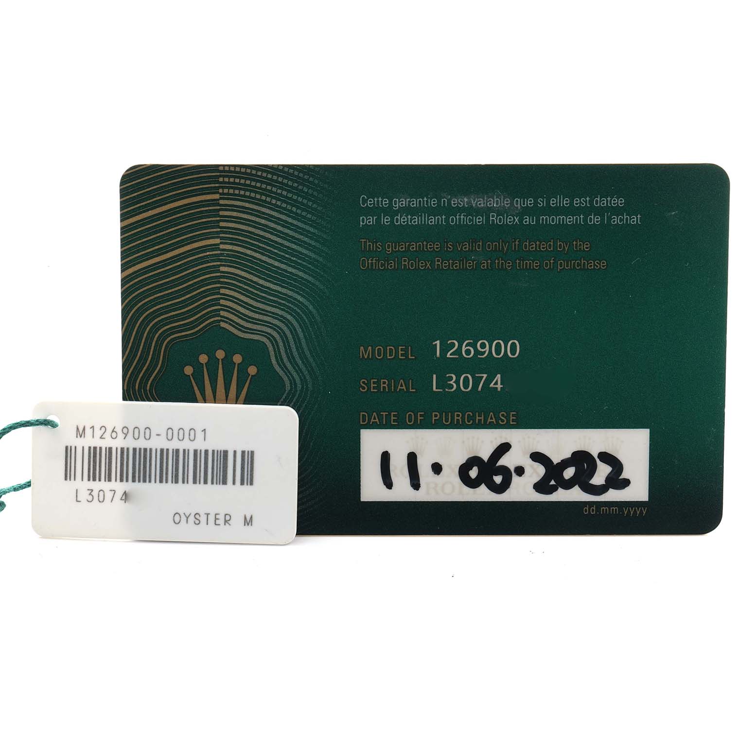 The image shows a Rolex Air-King 126900 Men's Stainless Steel Black Dial warranty card and tag, detailing model 126900 and serial L3074.