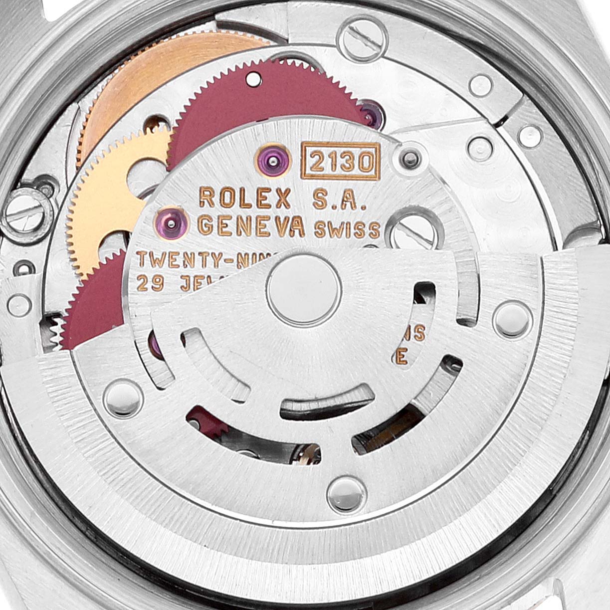 This image shows the internal mechanism of a Rolex Oyster Perpetual 67193 Women's Steel and Gold (two tone) Champagne Dial 67193 Women's Steel and Gold (two tone) Champagne Dial watch viewed from the back.