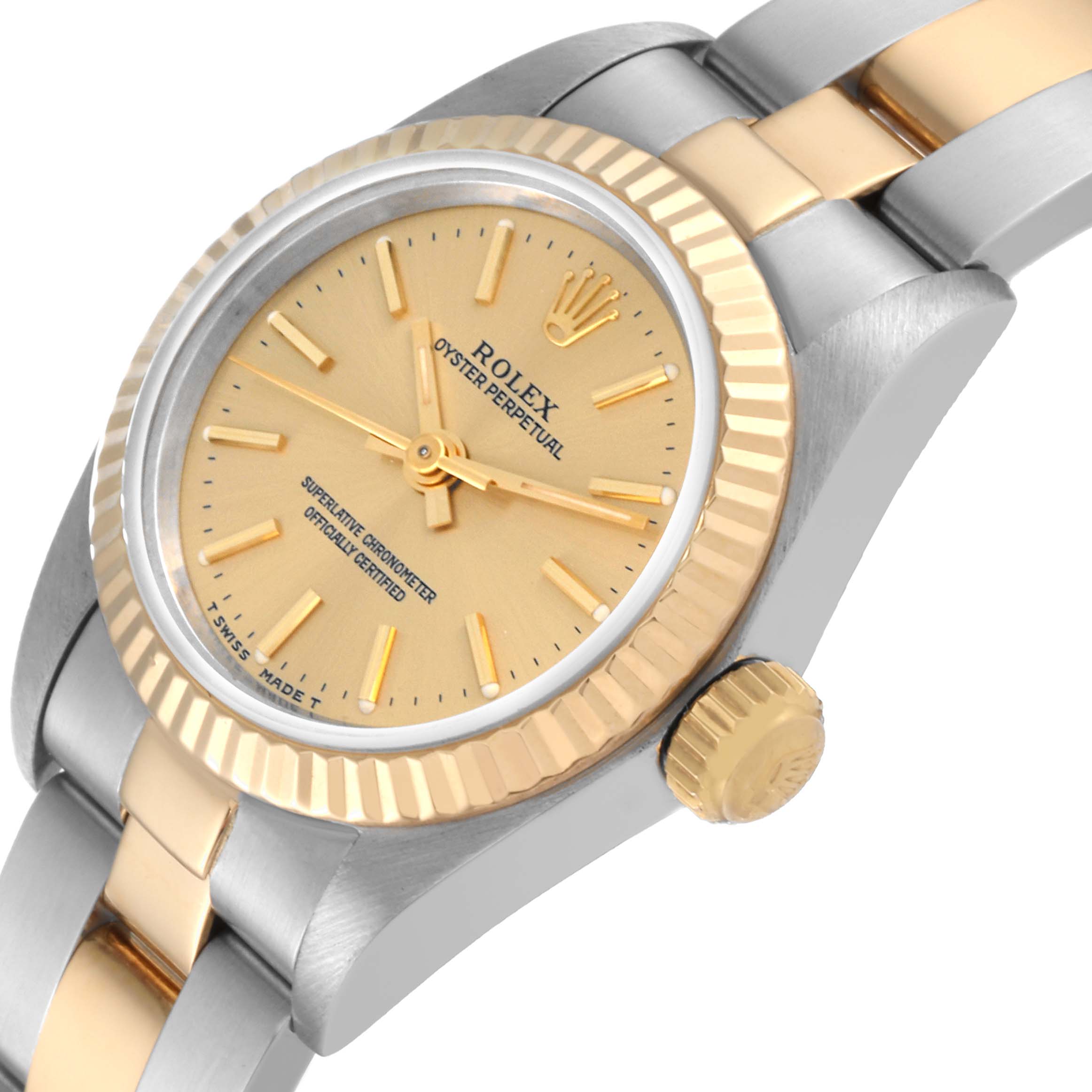 The image shows a close-up angle of the Rolex Oyster Perpetual 67193 Women's Steel and Gold (two tone) Champagne Dial 67193 Women's Steel and Gold (two tone) Champagne Dial watch, highlighting the gold dial, fluted bezel, and part of the metal bracelet.