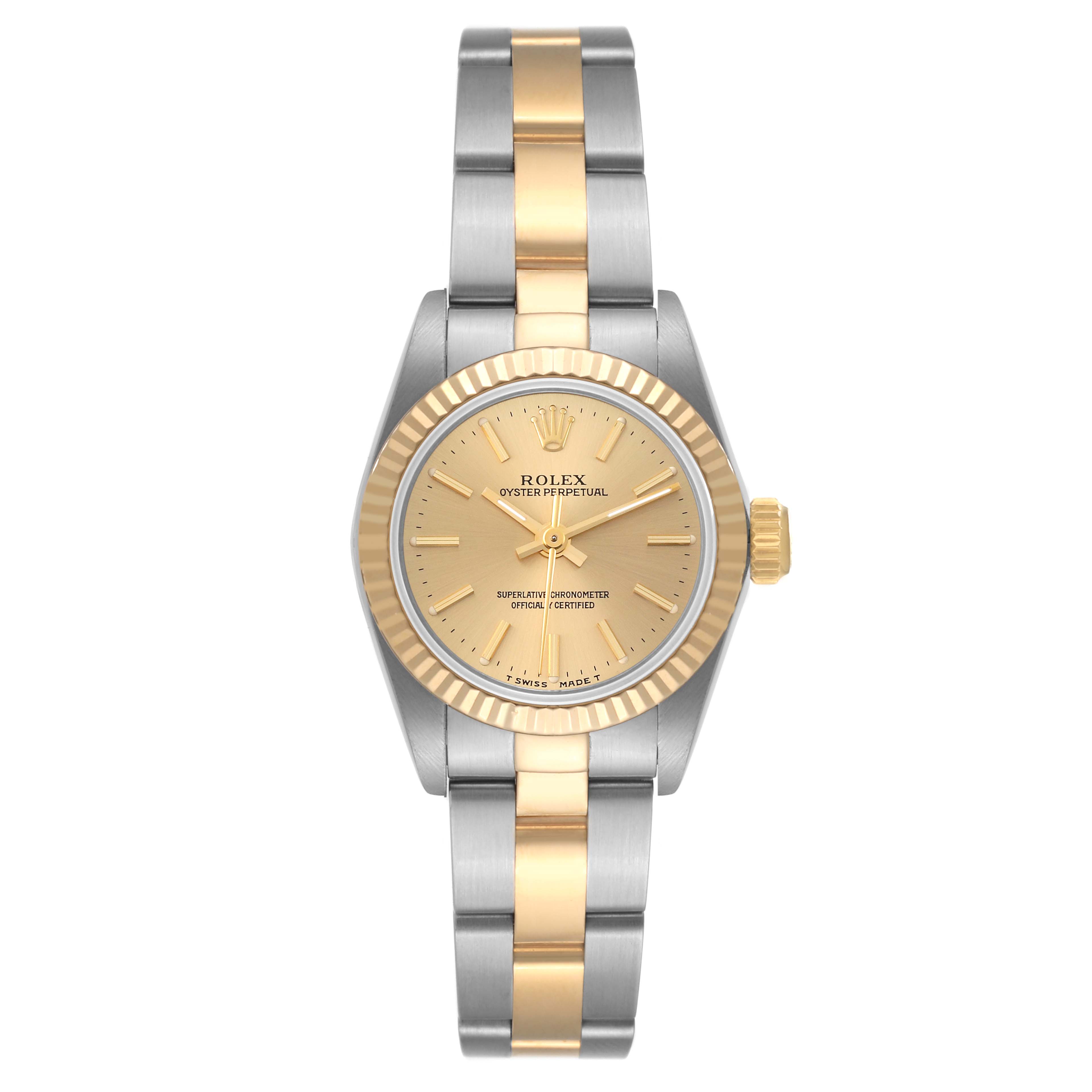 This image shows a front view of a Rolex Oyster Perpetual 67193 Women's Steel and Gold (two tone) Champagne Dial 67193 Women's Steel and Gold (two tone) Champagne Dial watch featuring a gold and silver two-tone bracelet and gold dial.