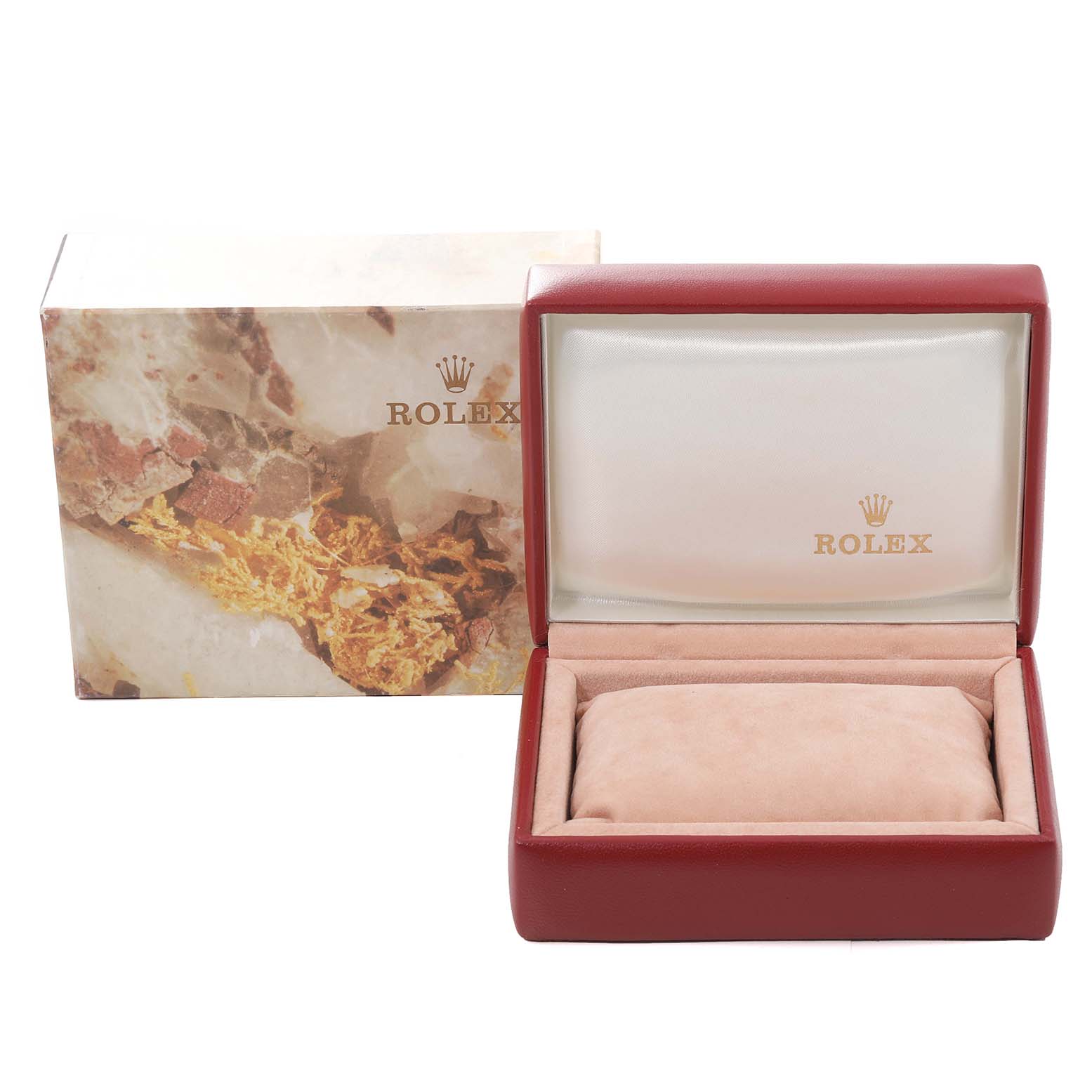 The image shows an empty Rolex Oyster Perpetual 67193 Women's Steel and Gold (two tone) Champagne Dial 67193 Women's Steel and Gold (two tone) Champagne Dial watch box and its outer packaging.