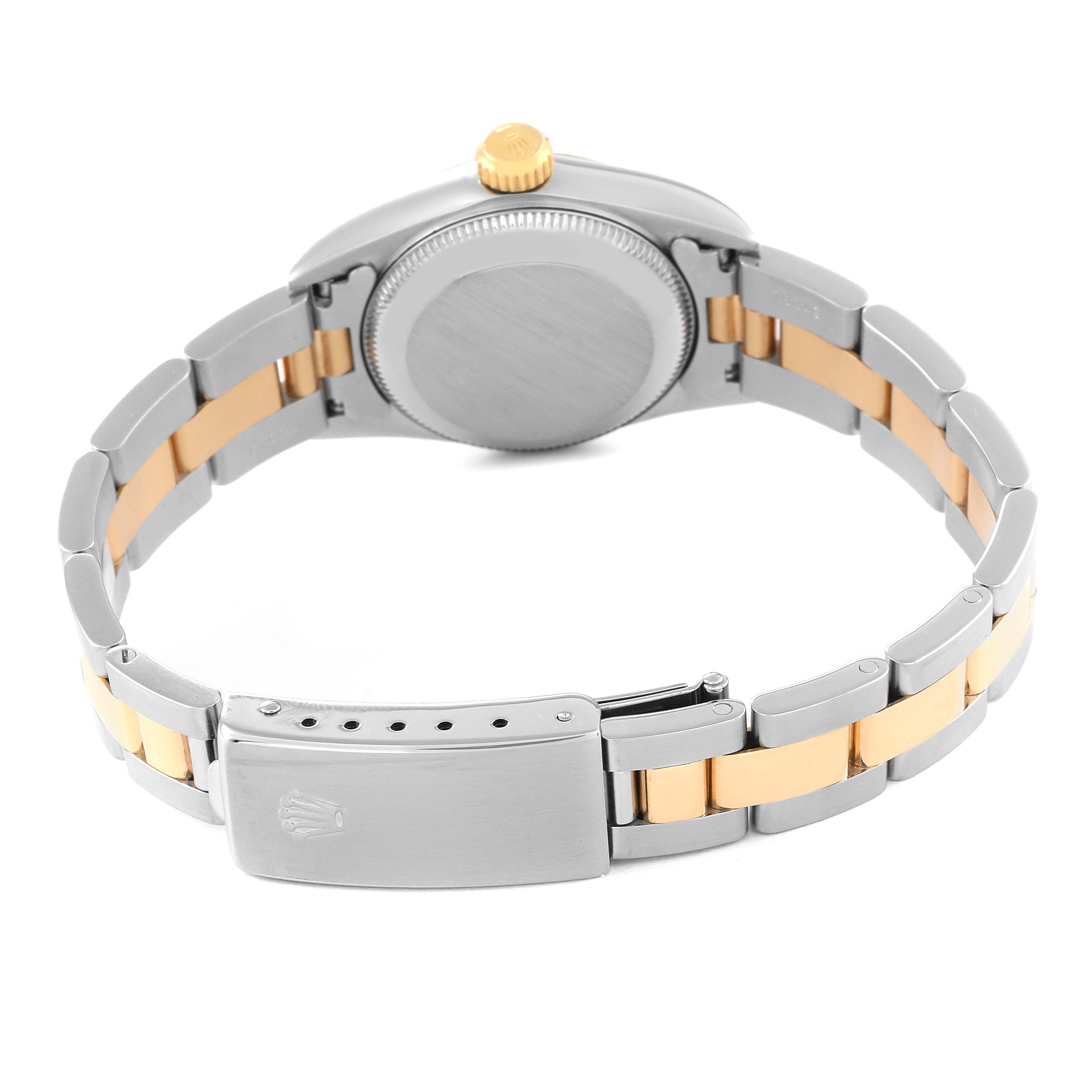 This image shows the back view of the Rolex Oyster Perpetual 67193 Women's Steel and Gold (two tone) Champagne Dial 67193 Women's Steel and Gold (two tone) Champagne Dial watch, including the bracelet and clasp.