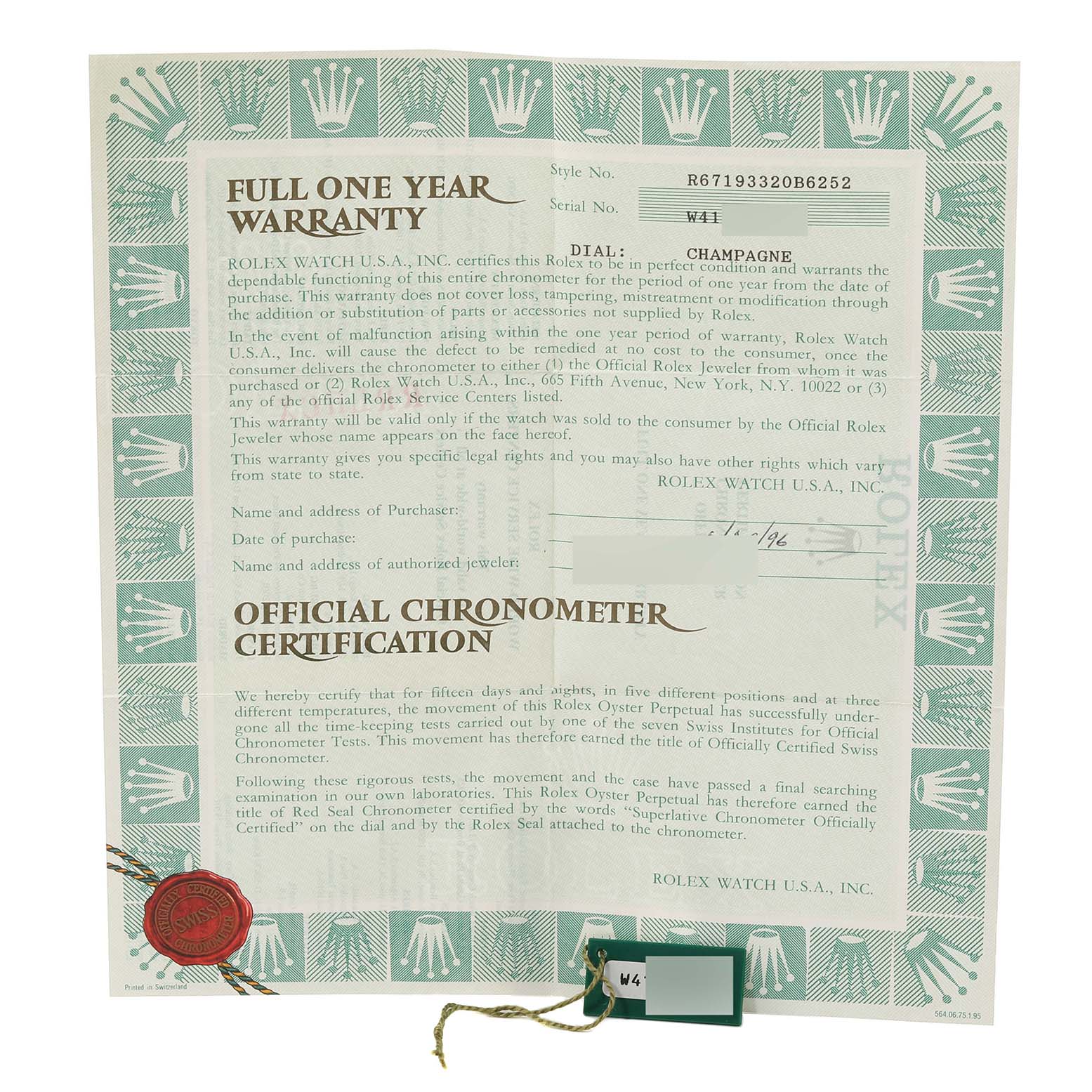 The image shows a warranty and official chronometer certification for a Rolex Oyster Perpetual 67193 Women's Steel and Gold (two tone) Champagne Dial 67193 Women's Steel and Gold (two tone) Champagne Dial watch.