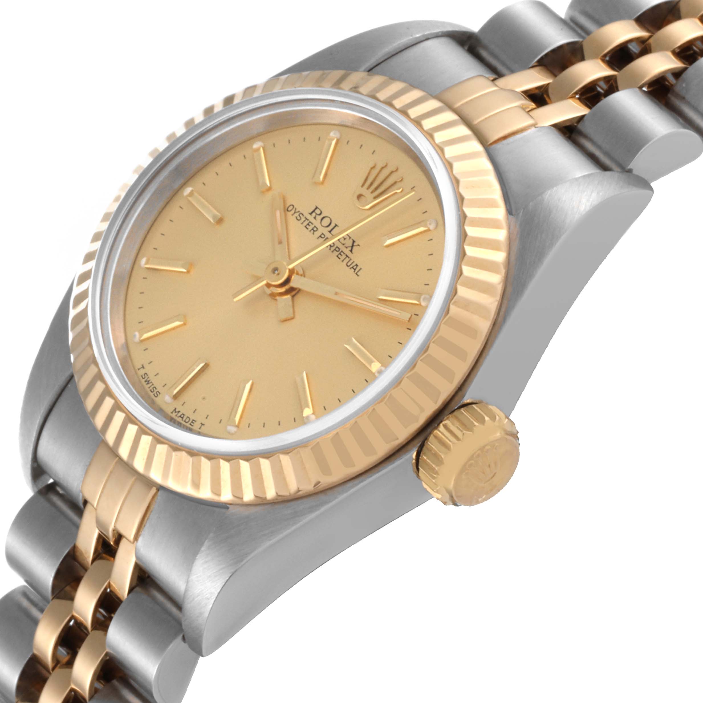 The image shows a side angle of the Rolex Oyster Perpetual 67193 Women's Steel and Gold (two tone) Champagne Dial 67193 Women's Steel and Gold (two tone) Champagne Dial watch, highlighting the crown, bezel, dial, and part of the bracelet.
