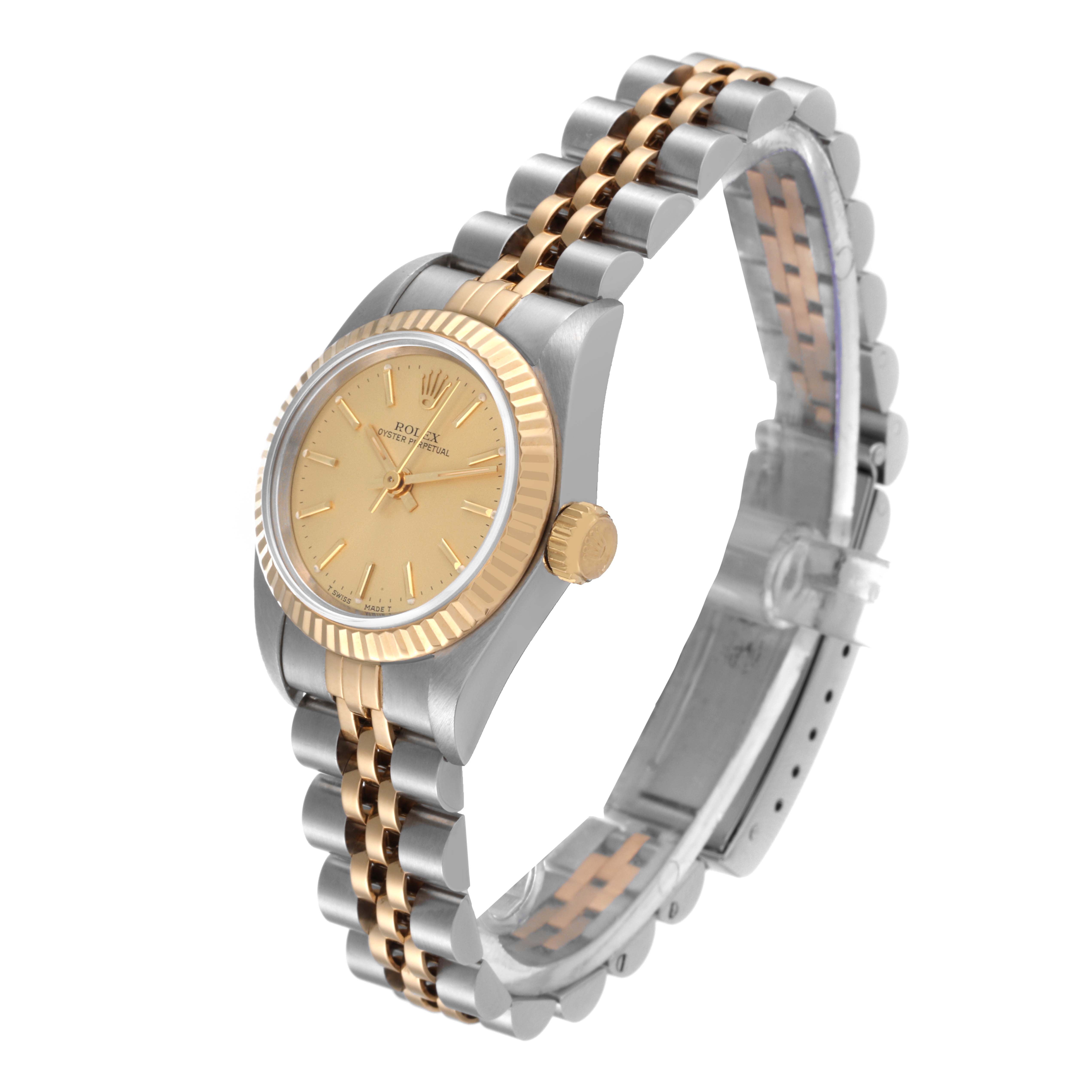 The image shows a side angle of a Rolex Oyster Perpetual 67193 Women's Steel and Gold (two tone) Champagne Dial 67193 Women's Steel and Gold (two tone) Champagne Dial watch, highlighting its two-tone metal bracelet and gold bezel.