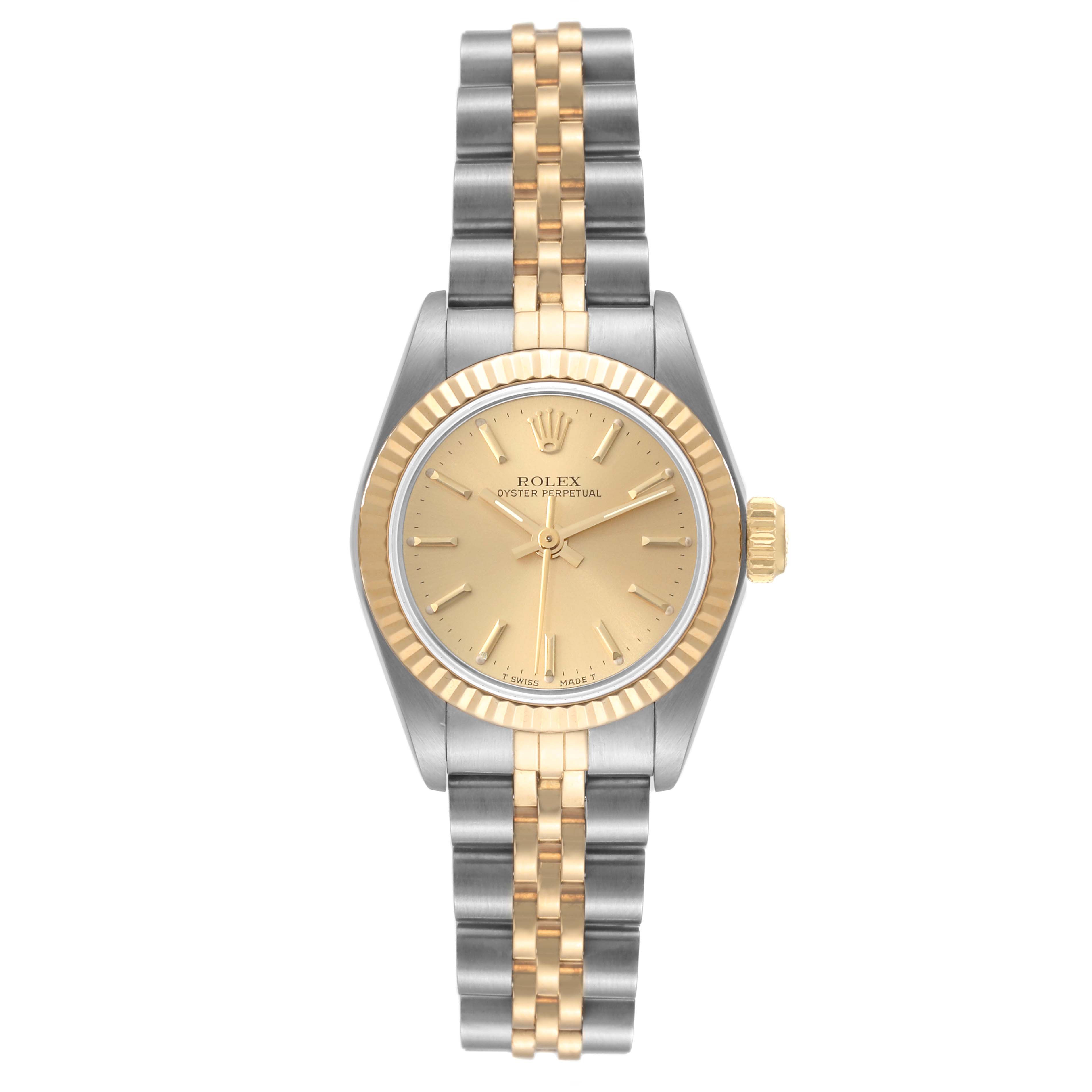 The image shows a front view of the Rolex Oyster Perpetual 67193 Women's Steel and Gold (two tone) Champagne Dial 67193 Women's Steel and Gold (two tone) Champagne Dial watch, highlighting its gold and silver bracelet and dial.
