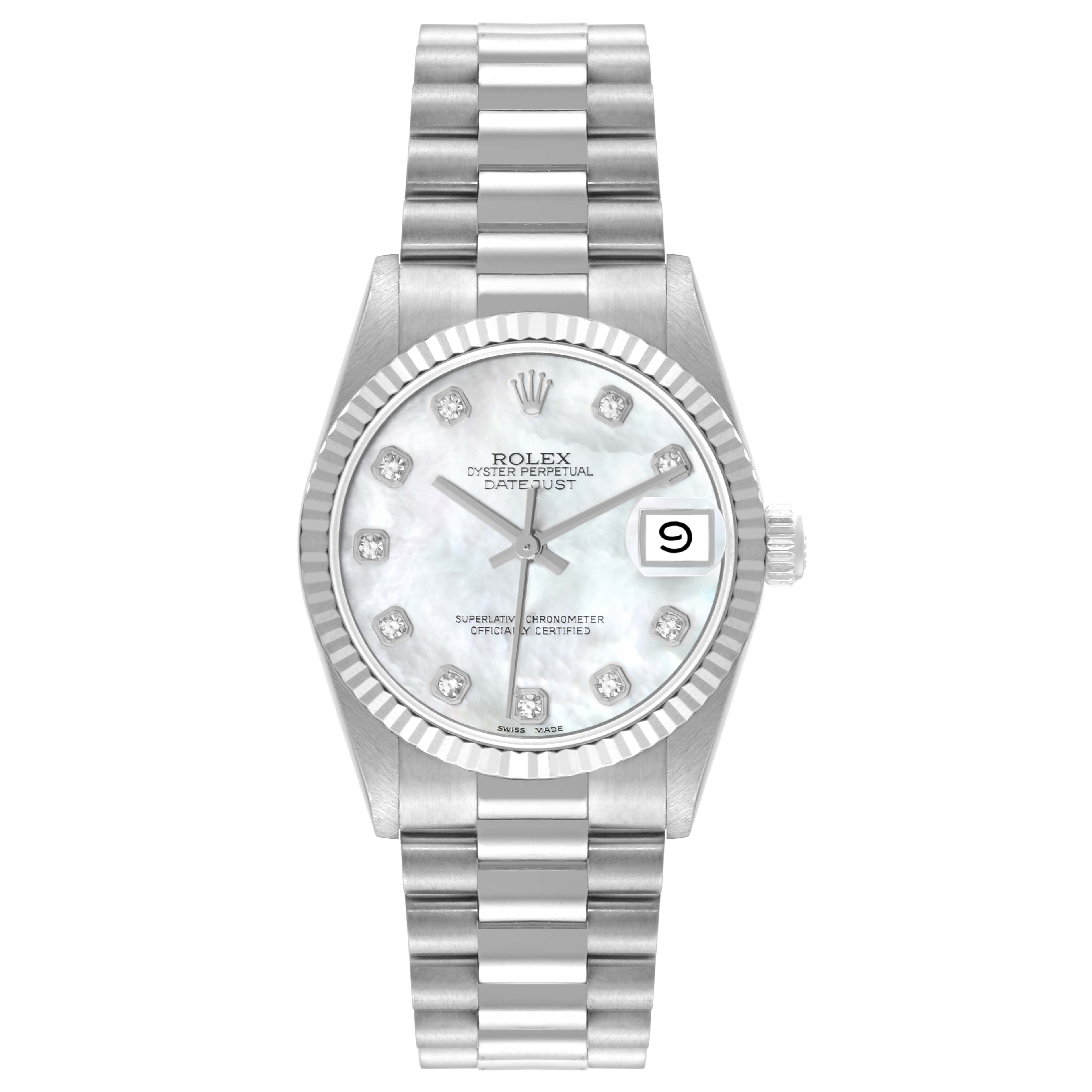 This image shows a front view of a Rolex President 68279 Women's White Gold Mother of Pearl Dial 68279 Women's White Gold Mother of Pearl Dial model watch with its dial, bezel, and bracelet visible.