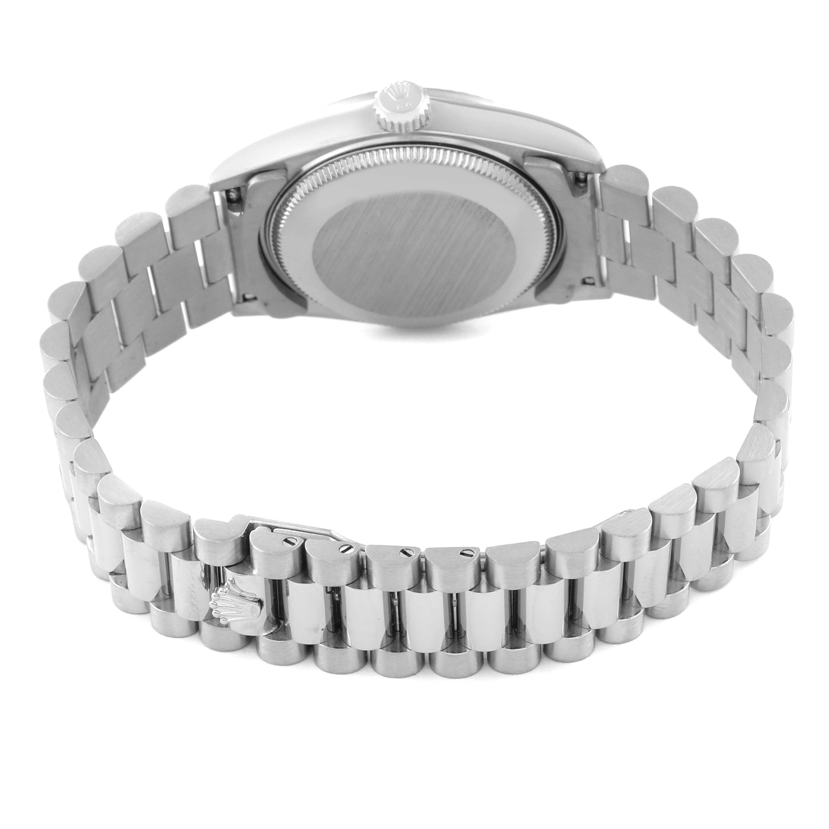 The image shows the back case and bracelet of a Rolex President 68279 Women's White Gold Mother of Pearl Dial 68279 Women's White Gold Mother of Pearl Dial model, viewed from the rear side.