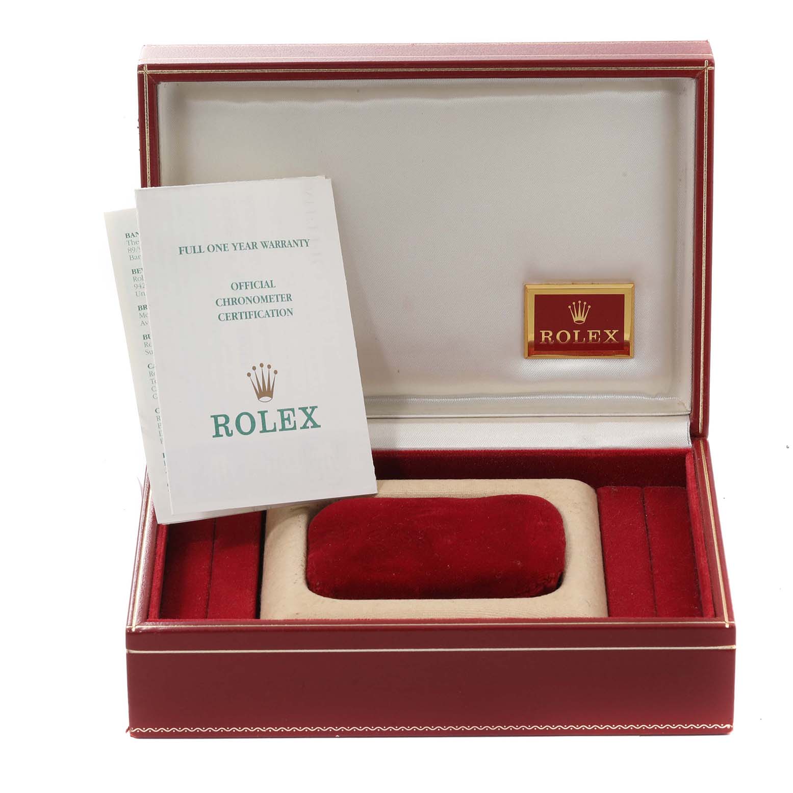 The image shows an open box of the Rolex President 68279 Women's White Gold Mother of Pearl Dial 68279 Women's White Gold Mother of Pearl Dial model, along with warranty papers and official chronometer certification.