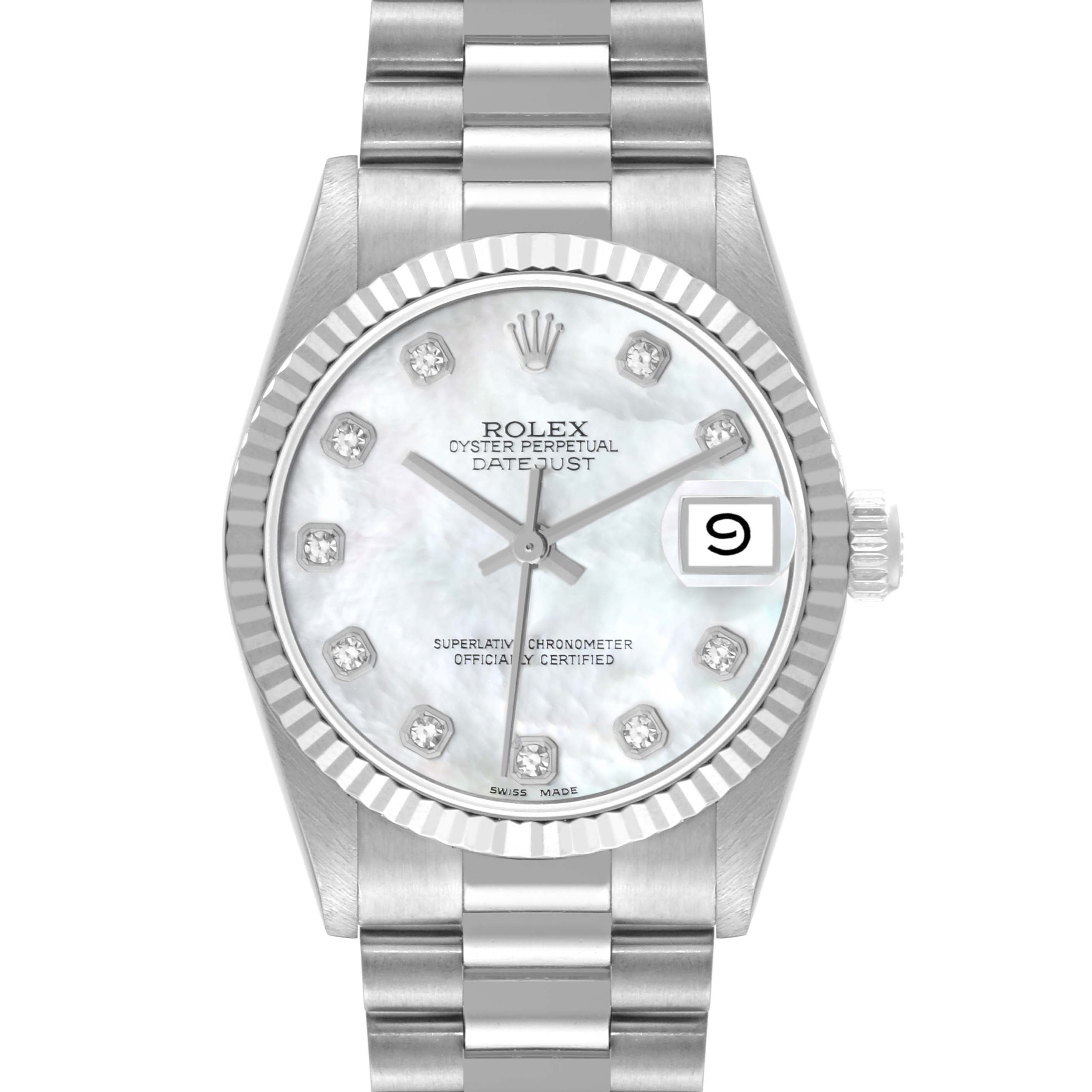 The Rolex President 68279 Women's White Gold Mother of Pearl Dial 68279 Women's White Gold Mother of Pearl Dial model watch is shown from the front, displaying its face, bezel, crown, and a portion of the bracelet.