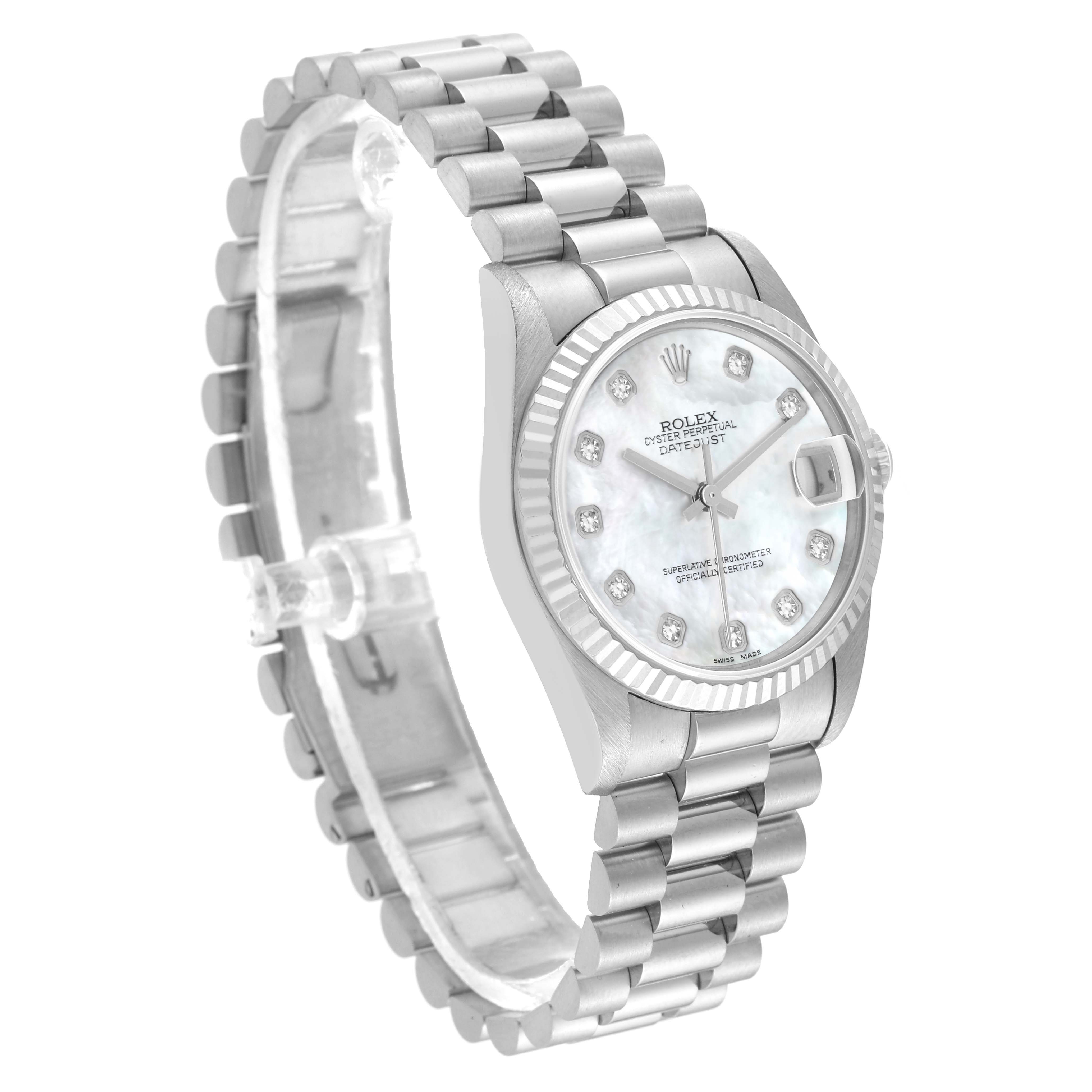 The image shows a Rolex President 68279 Women's White Gold Mother of Pearl Dial 68279 Women's White Gold Mother of Pearl Dial model watch at an angle displaying the face, bracelet, and part of the clasp.