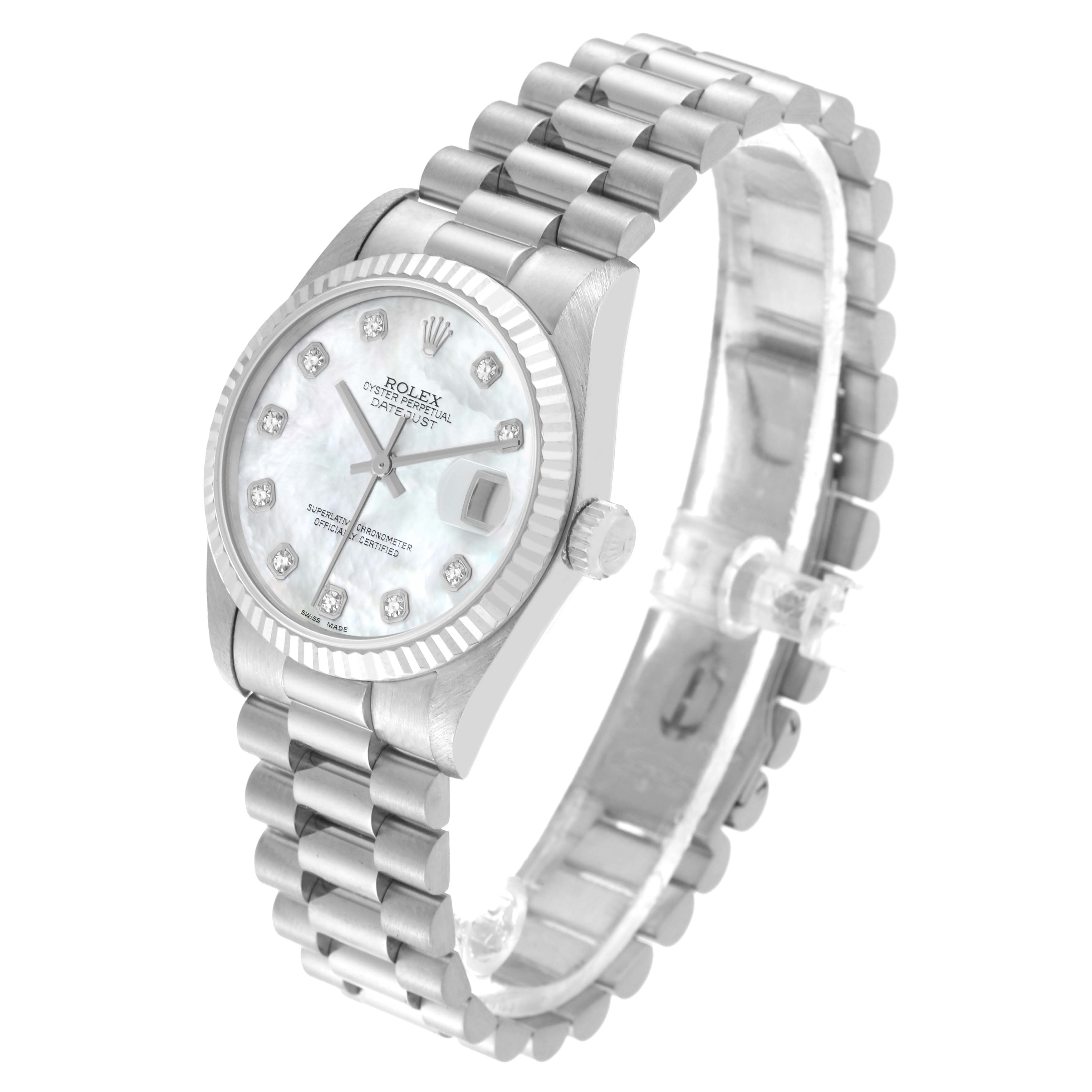 The image shows a Rolex President 68279 Women's White Gold Mother of Pearl Dial 68279 Women's White Gold Mother of Pearl Dial model watch angled to display its face, bezel, crown, and metal bracelet.
