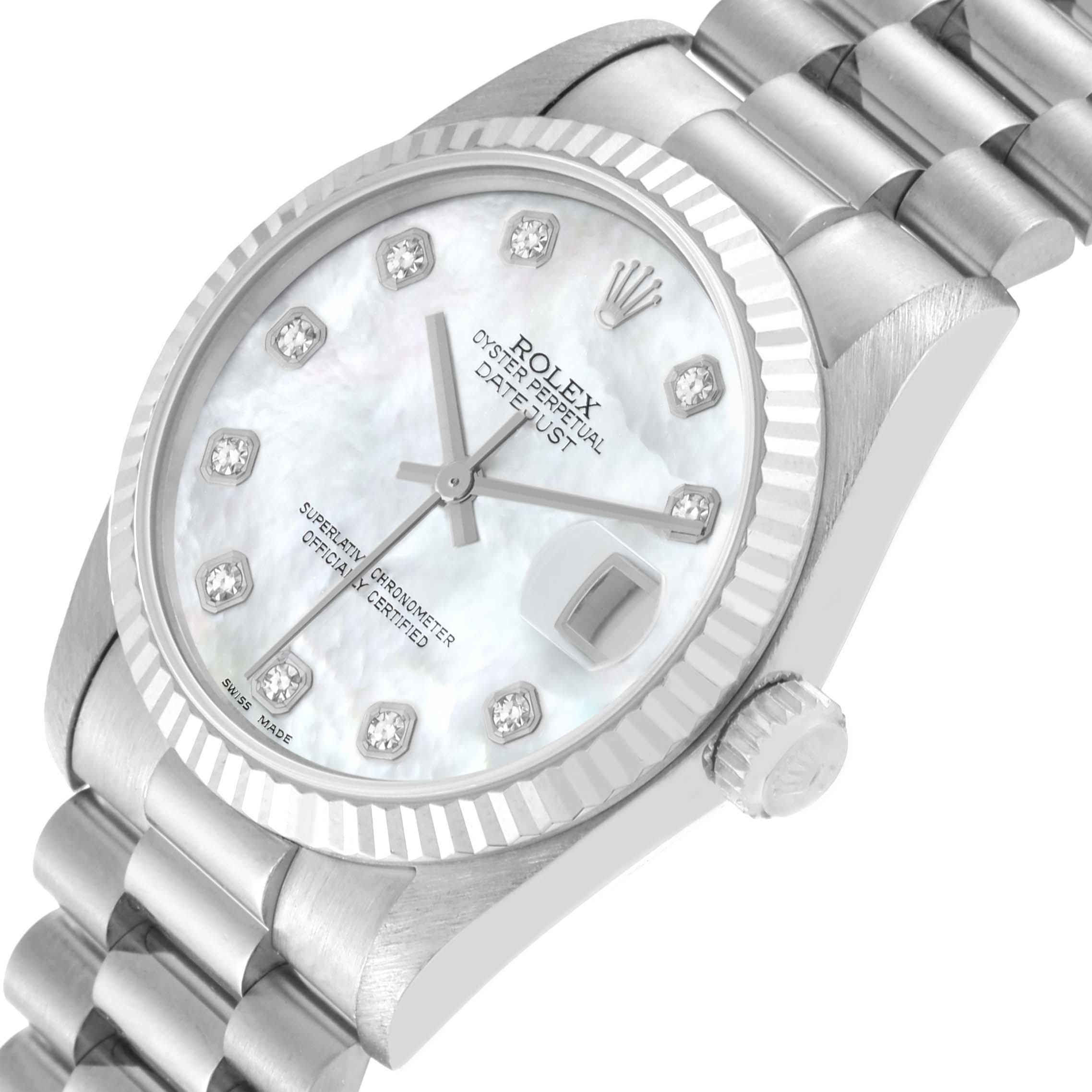 This image shows a close-up of the Rolex President 68279 Women's White Gold Mother of Pearl Dial 68279 Women's White Gold Mother of Pearl Dial Datejust watch, highlighting its face, crown, and partially connected bracelet.