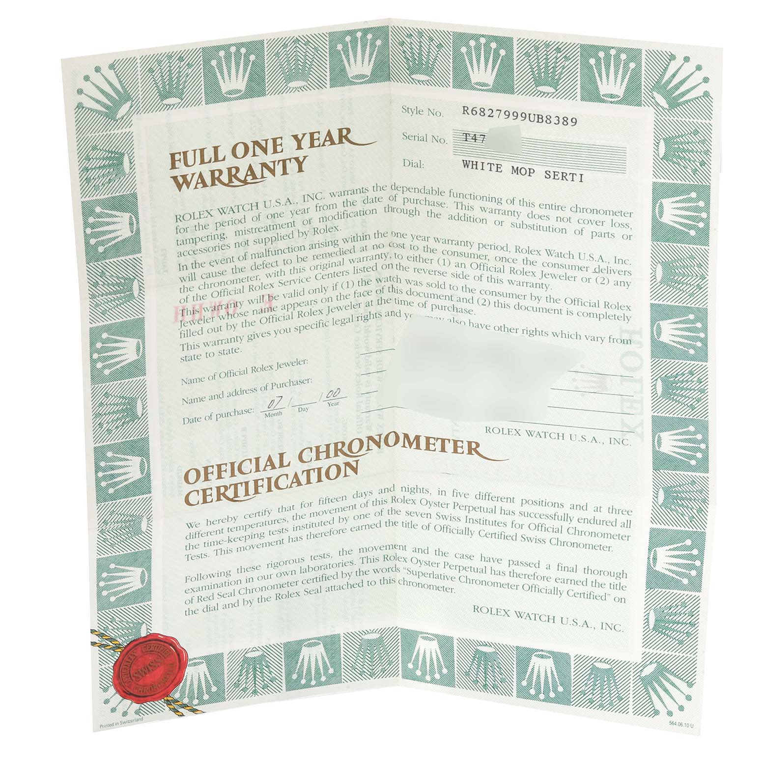 The image shows an official chronometer certification and full one-year warranty document for a Rolex President 68279 Women's White Gold Mother of Pearl Dial 68279 Women's White Gold Mother of Pearl Dial model watch.