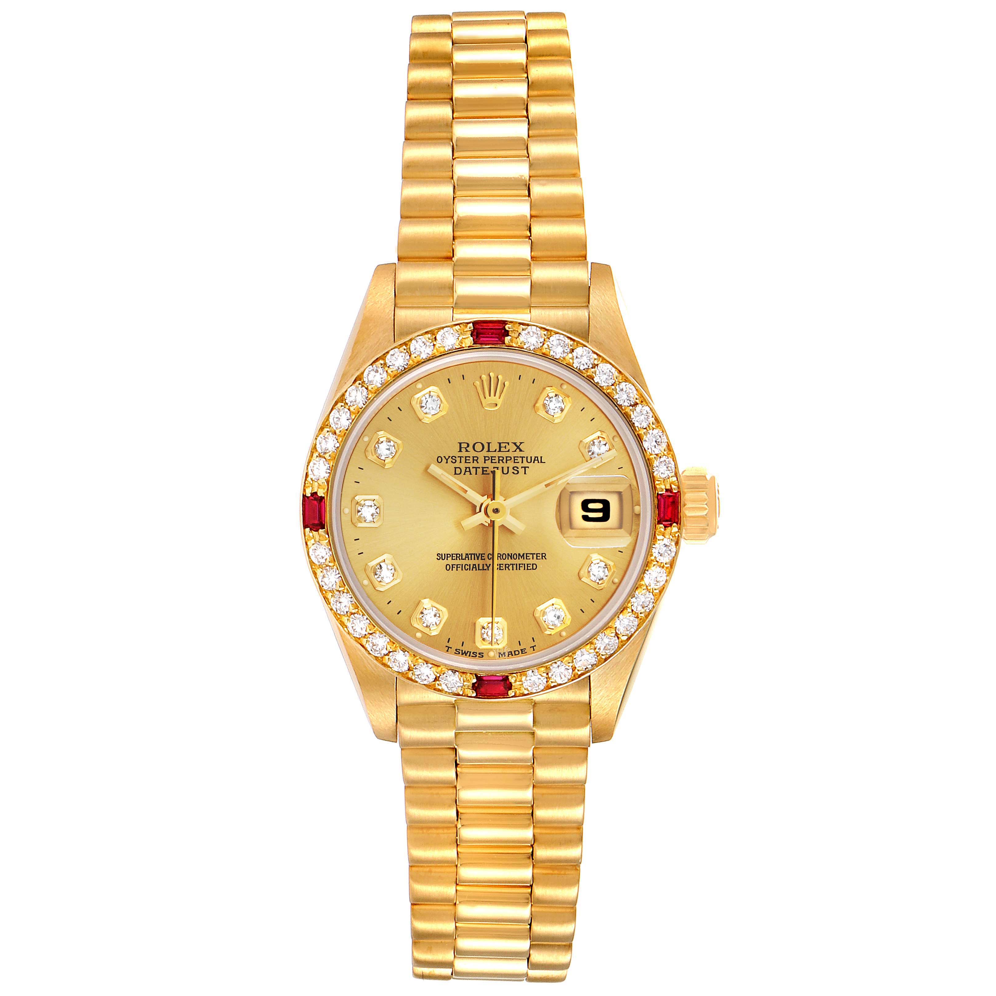 The image shows a front view of a Rolex President 69068 Women
s Yellow Gold Champagne Dial 69068 Women
s Yellow Gold Champagne Dial model watch, highlighting its gold bracelet, diamond-encrusted bezel, and date display.