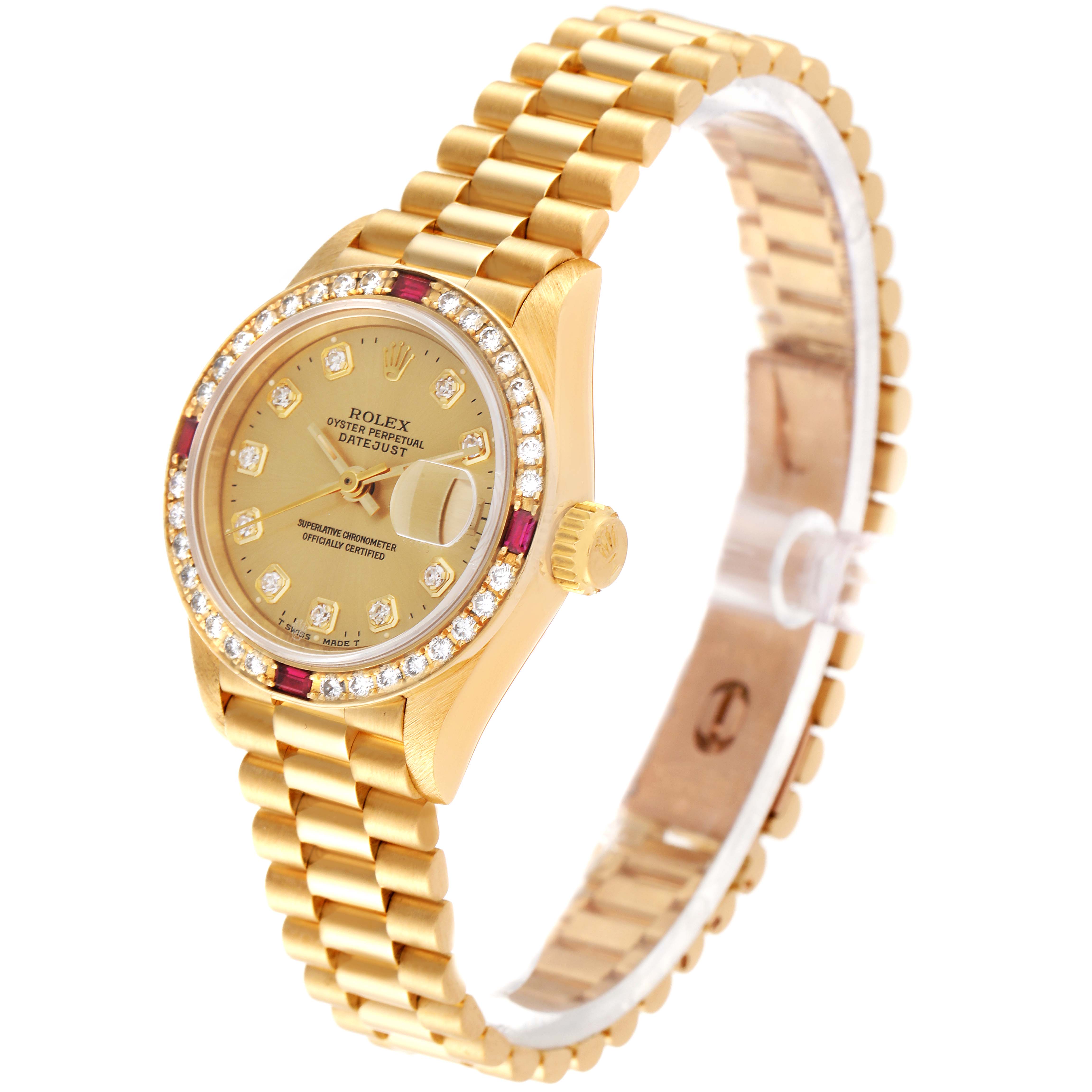 The image shows a Rolex President 69068 Women
s Yellow Gold Champagne Dial 69068 Women
s Yellow Gold Champagne Dial model watch at an angle highlighting its gold bracelet, diamond-encrusted bezel, and dial.