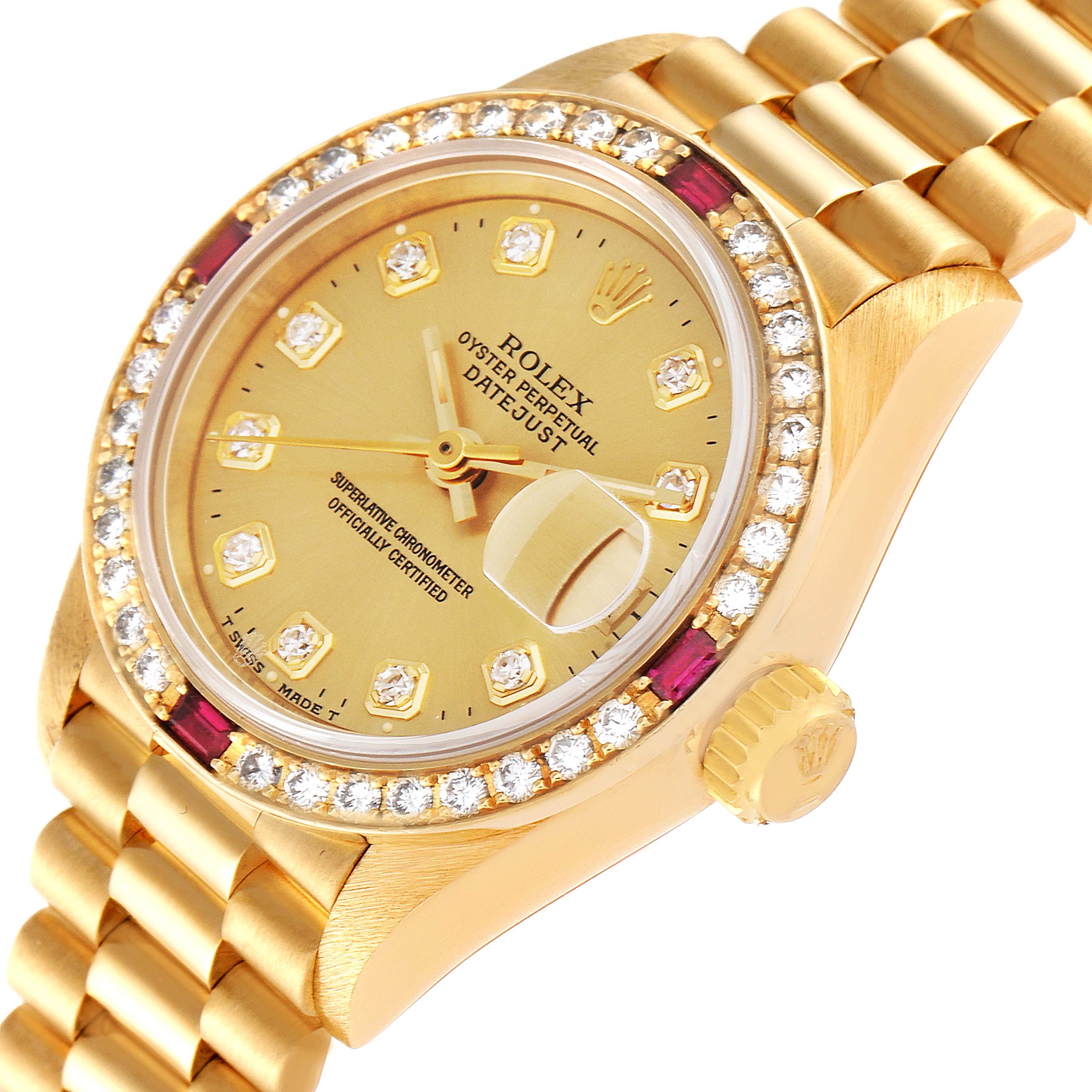 The image shows a gold Rolex President 69068 Women
s Yellow Gold Champagne Dial 69068 Women
s Yellow Gold Champagne Dial model watch at a three-quarter angle, displaying the bezel, crown, and bracelet.