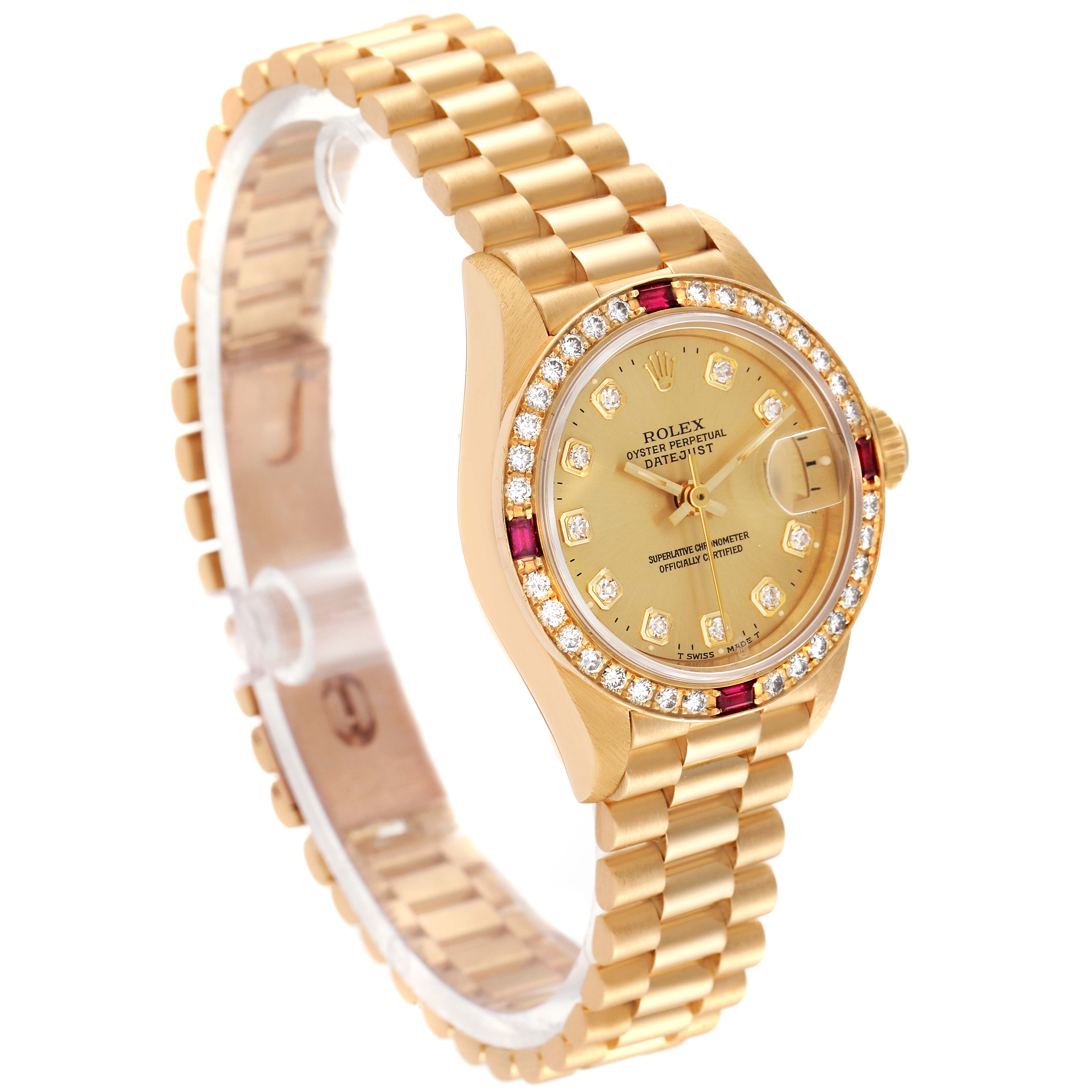 The Rolex President 69068 Women
s Yellow Gold Champagne Dial 69068 Women
s Yellow Gold Champagne Dial model is shown at a slight angle, highlighting its gold bracelet, diamond bezel, and dial.