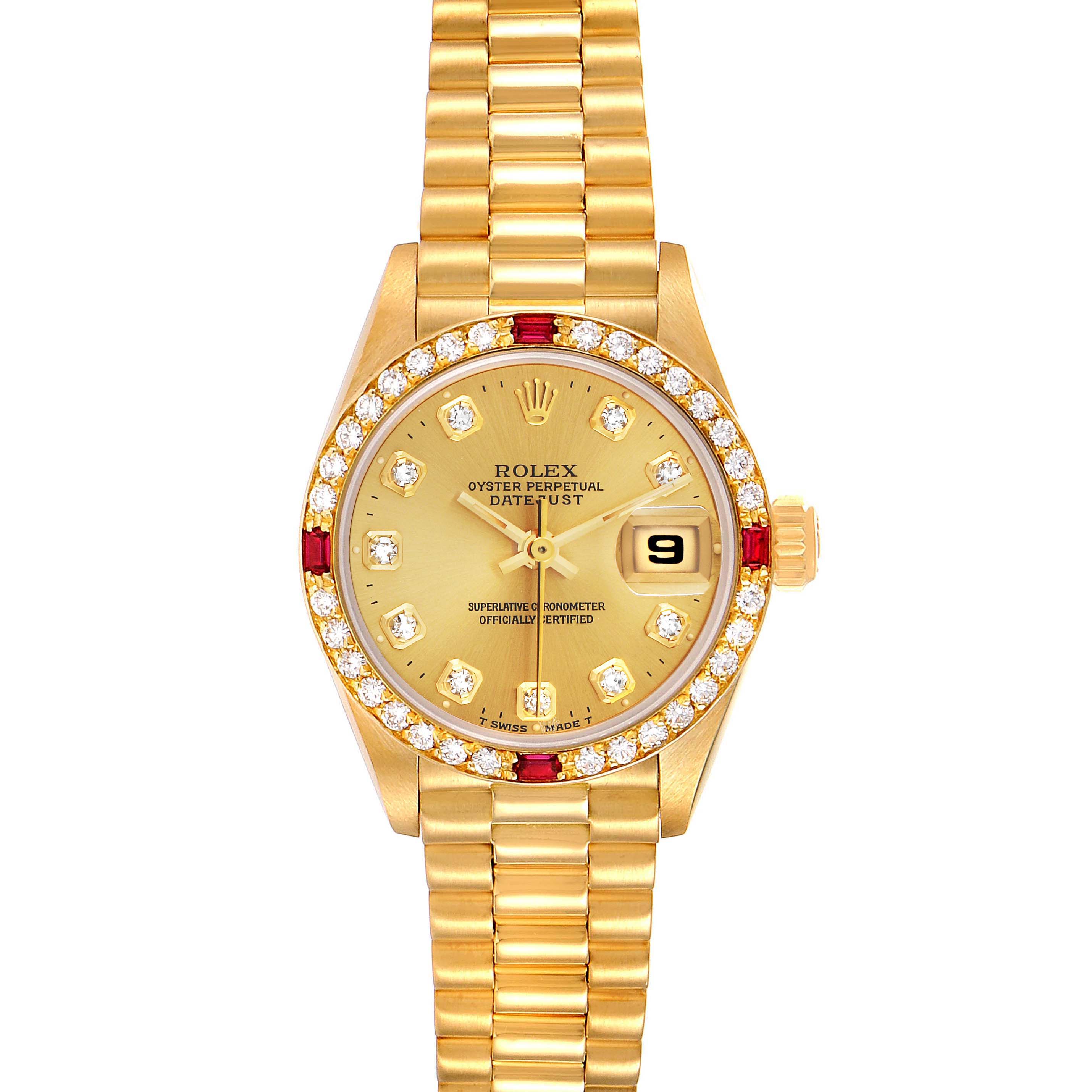 The image shows a frontal view of the Rolex President 69068 Women
s Yellow Gold Champagne Dial 69068 Women
s Yellow Gold Champagne Dial model watch, highlighting its gold finish, diamond-studded bezel, and bracelet.