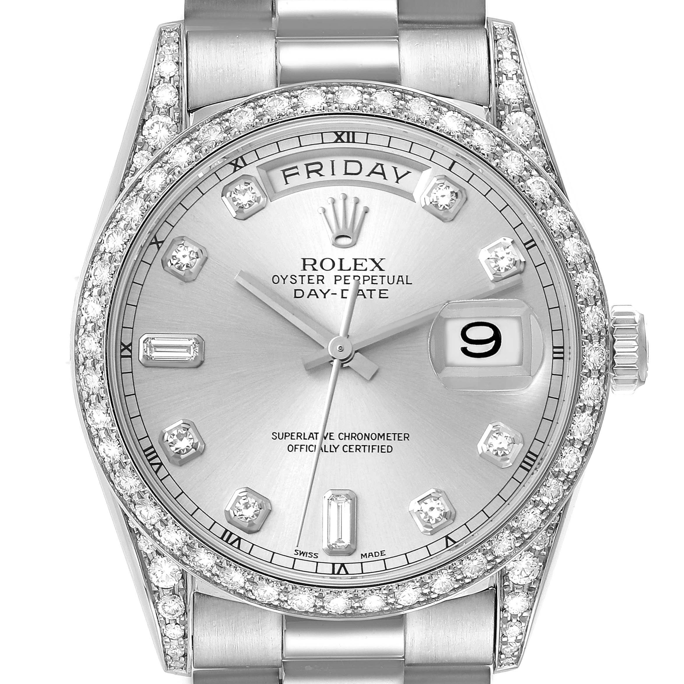 The image shows a front view of a Rolex President 18389 Men's White Gold Silver Dial 18389 Men's White Gold Silver Dial watch, highlighting its diamond bezel, dial, hands, crown, and part of the bracelet.
