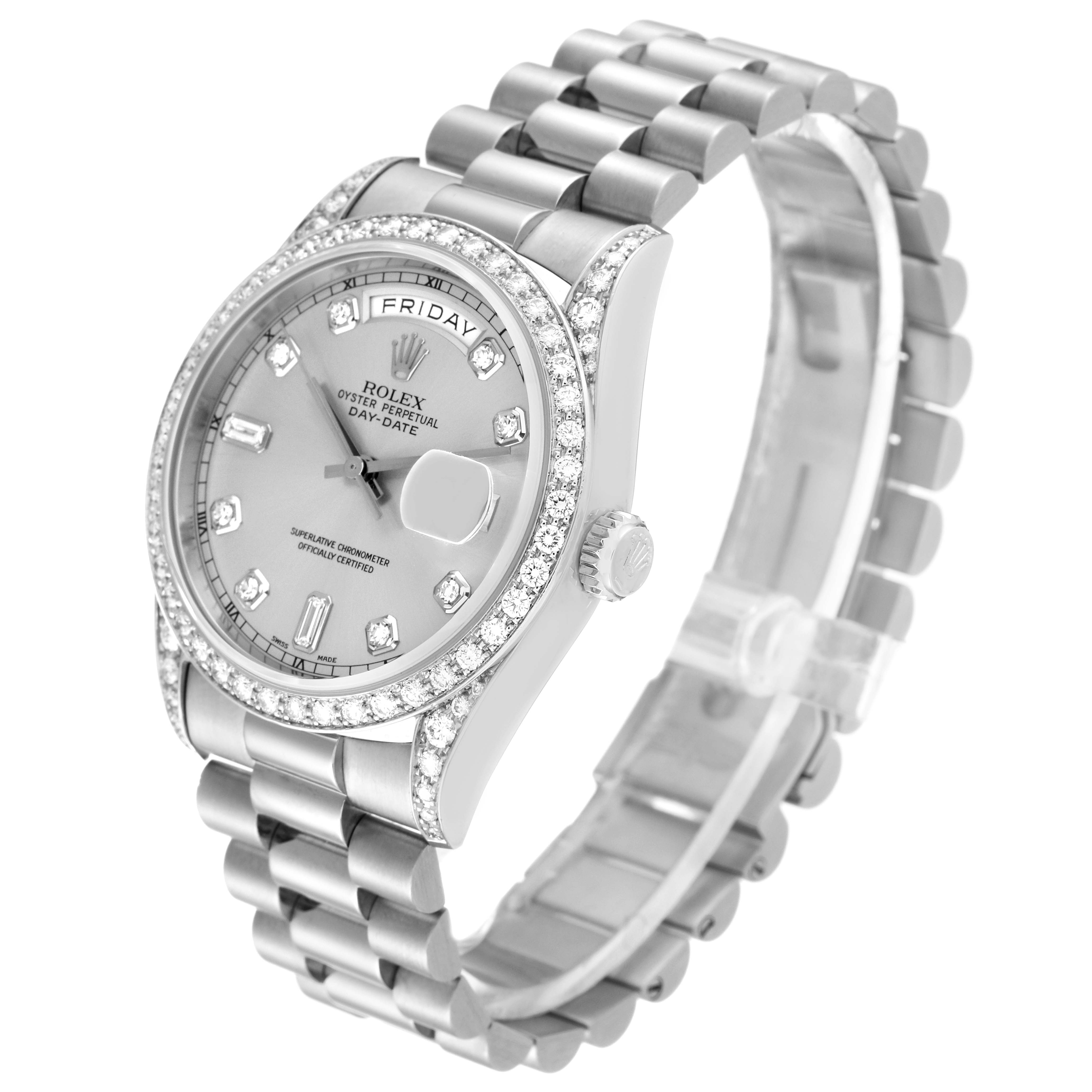 The image shows a Rolex President 18389 Men's White Gold Silver Dial 18389 Men's White Gold Silver Dial model watch viewed from an angled perspective, displaying the dial, bezel, and bracelet.