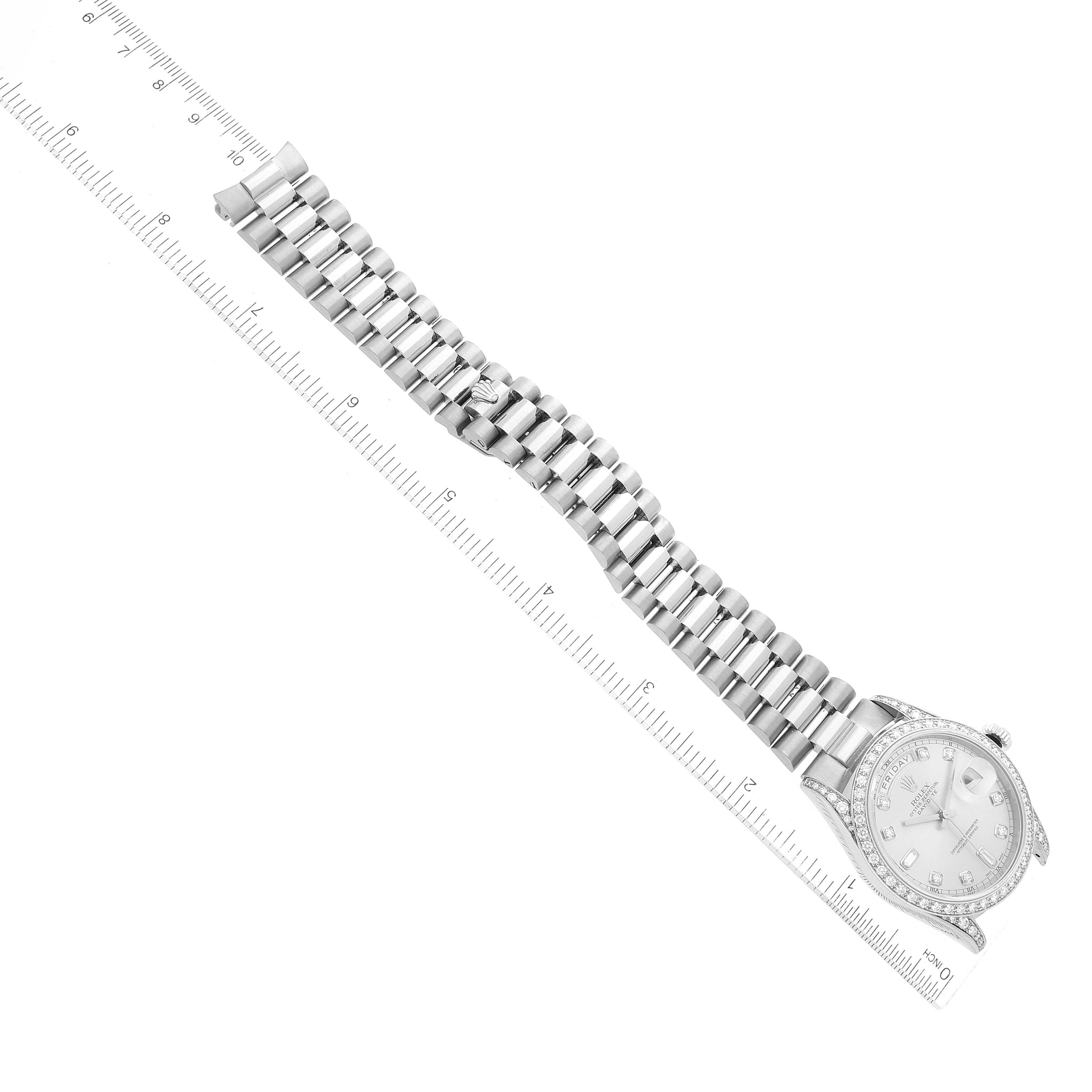 The image shows a Rolex President 18389 Men's White Gold Silver Dial 18389 Men's White Gold Silver Dial watch laid flat with a view of its face, bezel, and band, alongside a ruler for size reference.