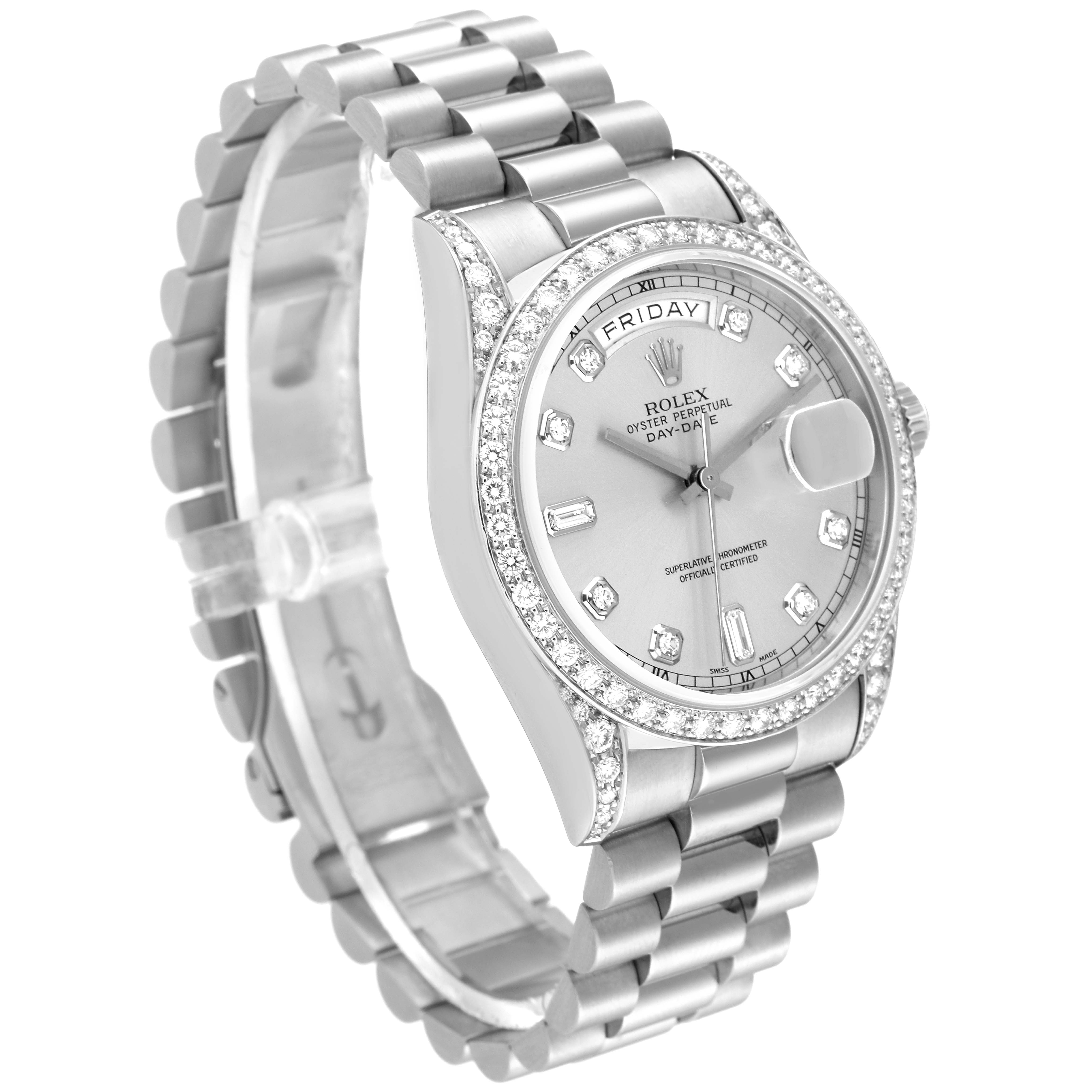 This image shows a Rolex President 18389 Men's White Gold Silver Dial 18389 Men's White Gold Silver Dial model watch, angled to display the dial, bezel, bracelet, and crown.