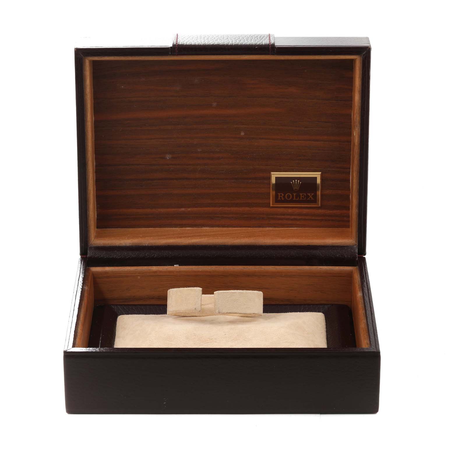 The image shows an open wooden Rolex box for a President model watch, showcasing the interior without the watch.