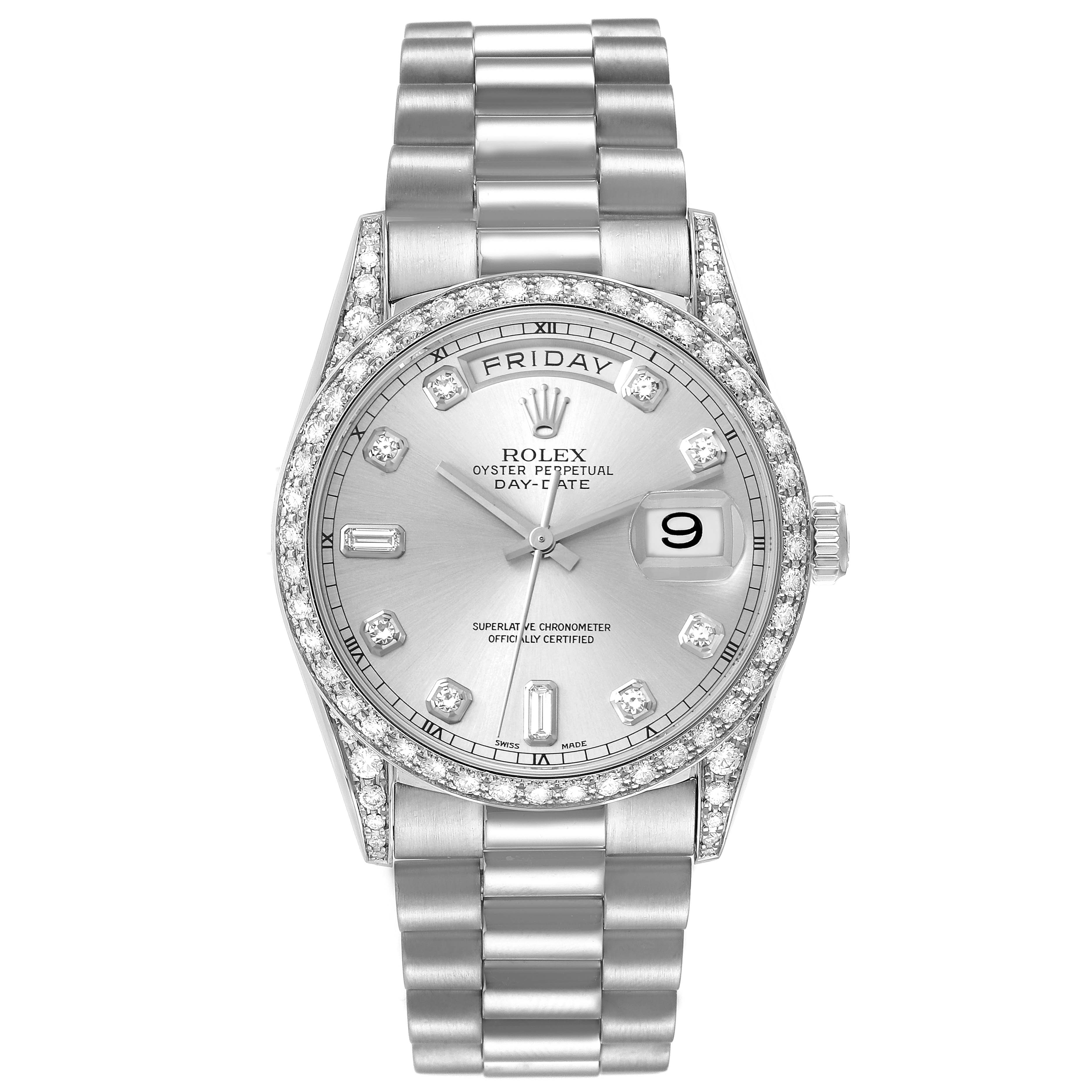 This image shows a front view of a Rolex President 18389 Men's White Gold Silver Dial 18389 Men's White Gold Silver Dial model watch, displaying the dial, bezel, band, and crown.