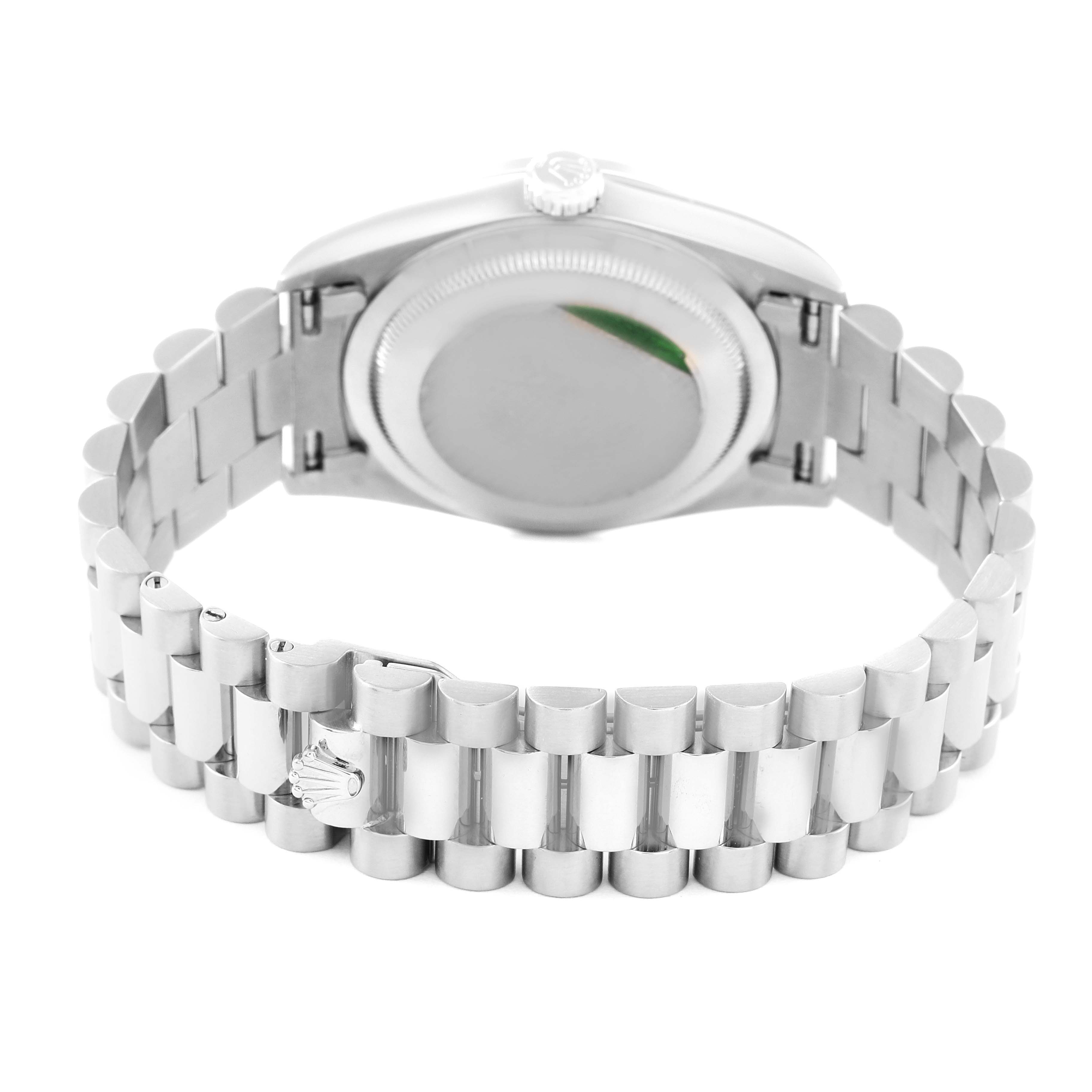 This image shows the back case and bracelet of the Rolex President 18389 Men's White Gold Silver Dial 18389 Men's White Gold Silver Dial model watch.