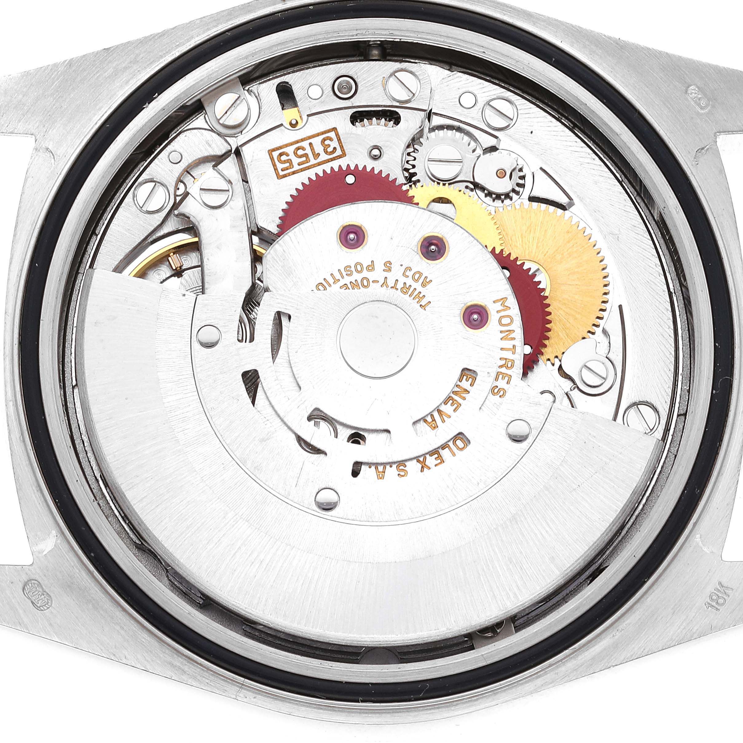 The image shows the inner mechanism of a Rolex President 18389 Men's White Gold Silver Dial 18389 Men's White Gold Silver Dial model watch viewed from the back.