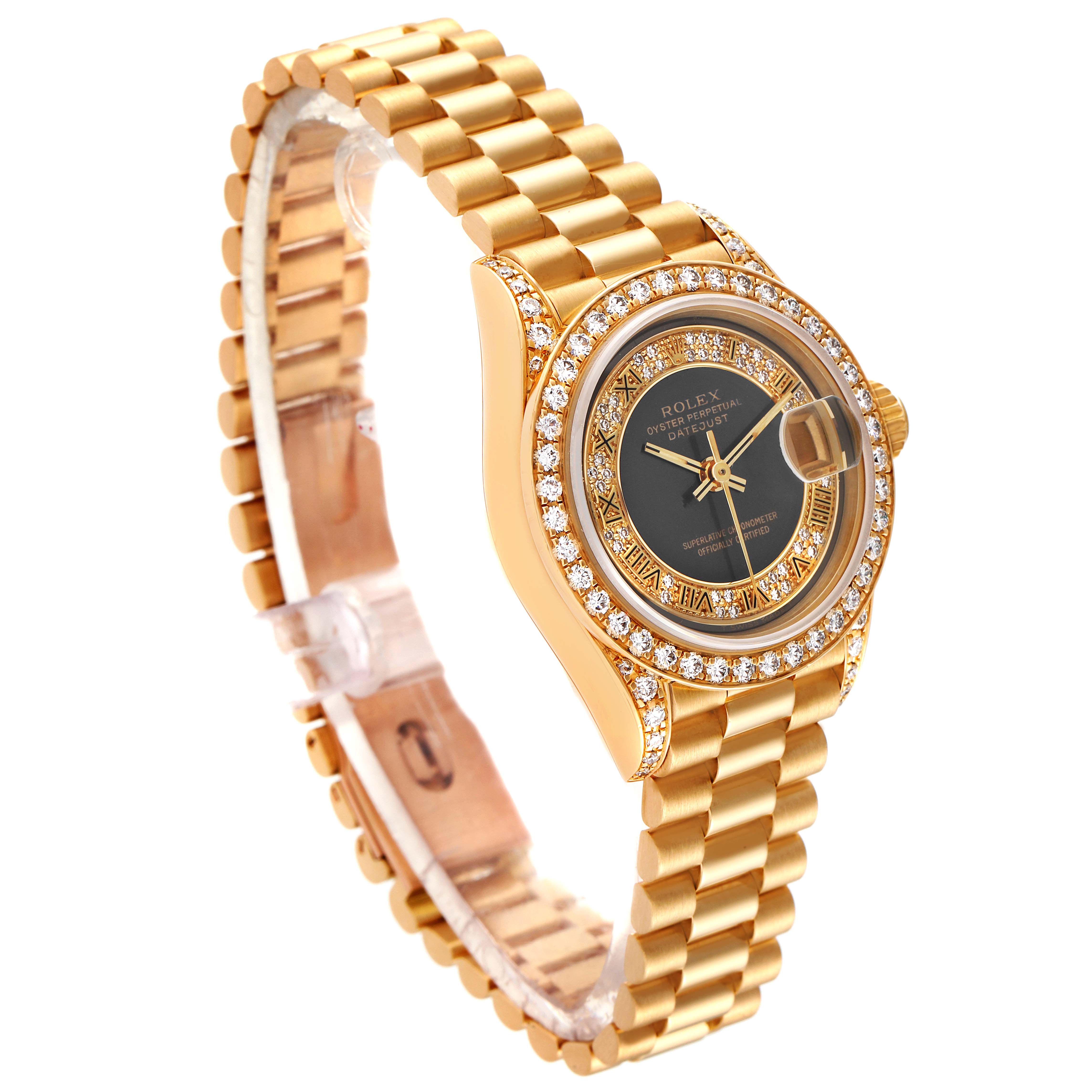 This image showcases a Rolex President 69158 Women
s Yellow Gold Grey Dial 69158 Women
s Yellow Gold Grey Dial model watch from an angled side view, highlighting its gold bracelet and diamond-encrusted bezel.