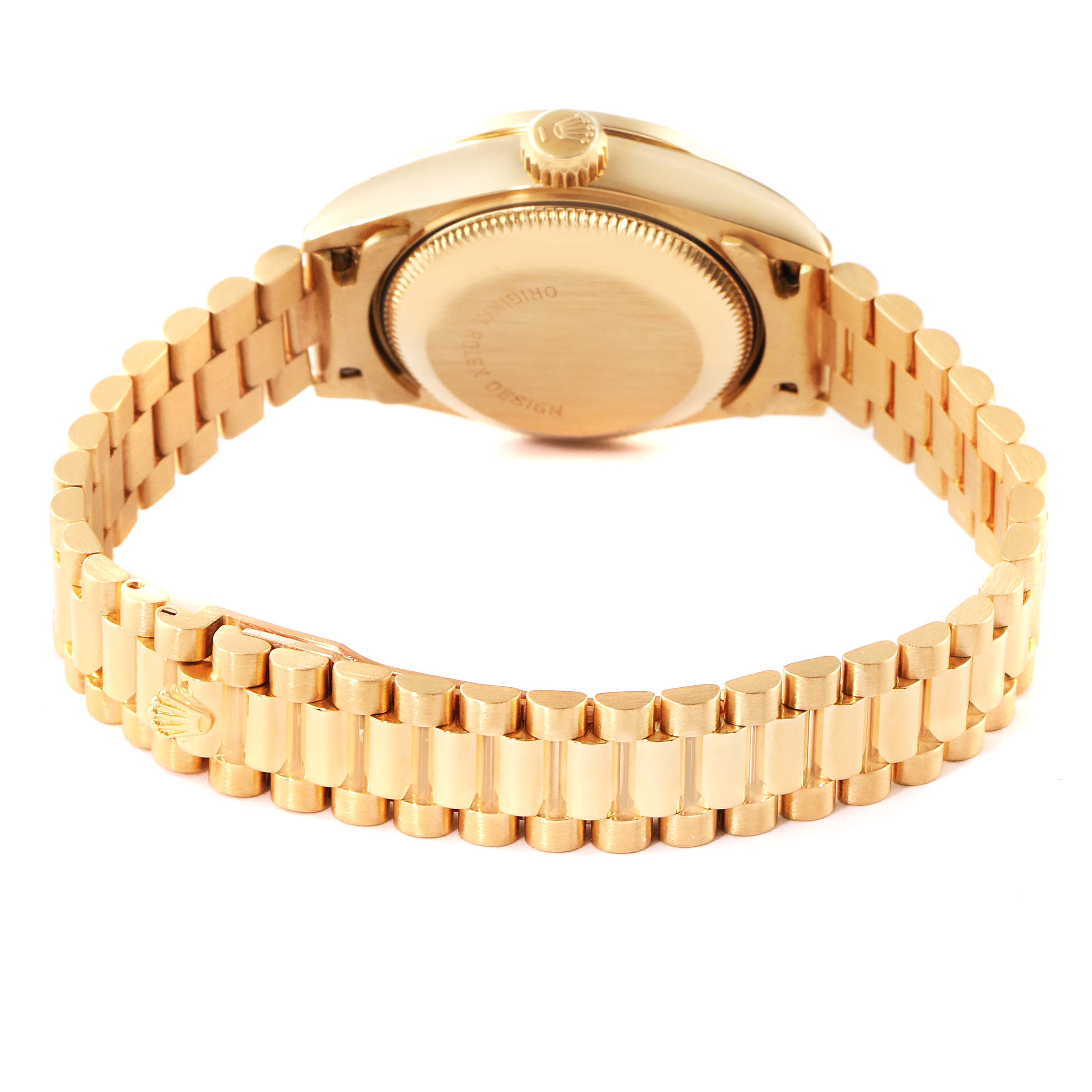 This image shows the rear view of the Rolex President 69158 Women
s Yellow Gold Grey Dial 69158 Women
s Yellow Gold Grey Dial model watch, highlighting the bracelet and case back.