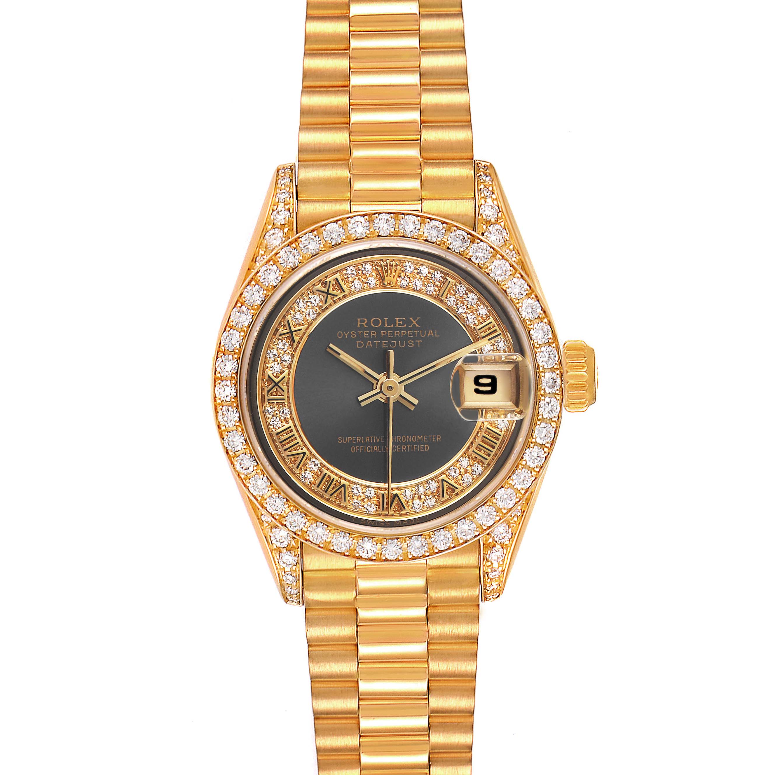This image shows a Rolex President 69158 Women
s Yellow Gold Grey Dial 69158 Women
s Yellow Gold Grey Dial model watch from a top-down angle, highlighting the gold bracelet, diamond-studded bezel, black dial, and date window.